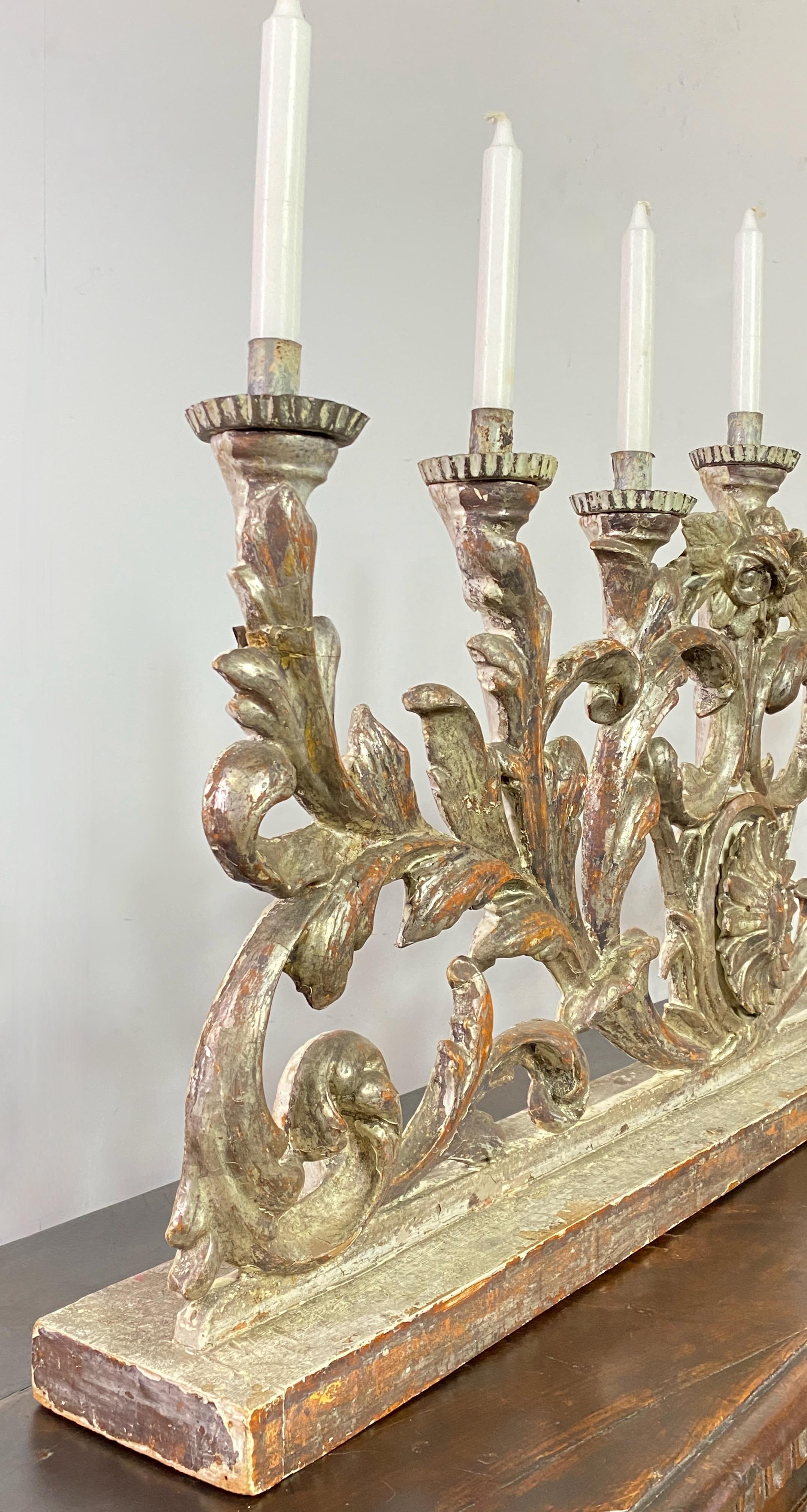 18th Century Italian Carved and Silver Gilt Wood Candleholder For Sale 3