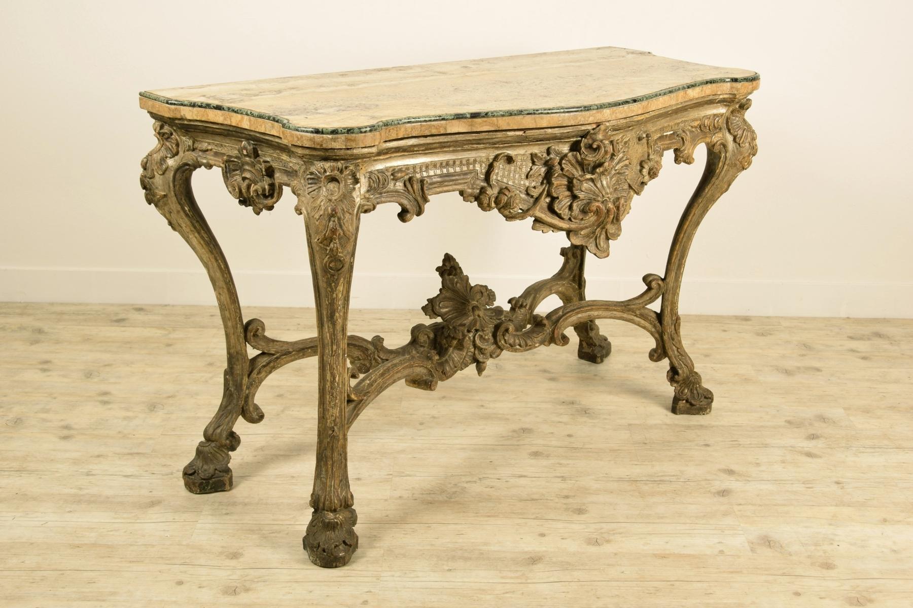 Hand-Carved 18th Century, Italian Carved and Silvered Wood Console For Sale