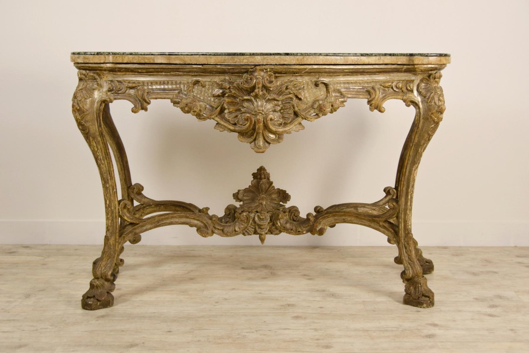 Louis XIV 18th Century, Italian Carved and Silvered Wood Consolle