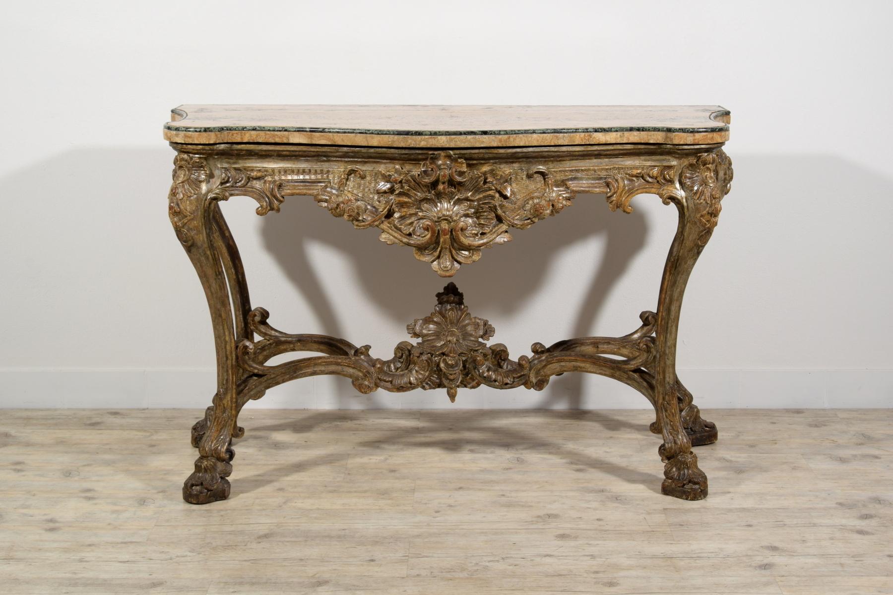 Louis XIV 18th Century, Italian Carved and Silvered Wood Consolle For Sale