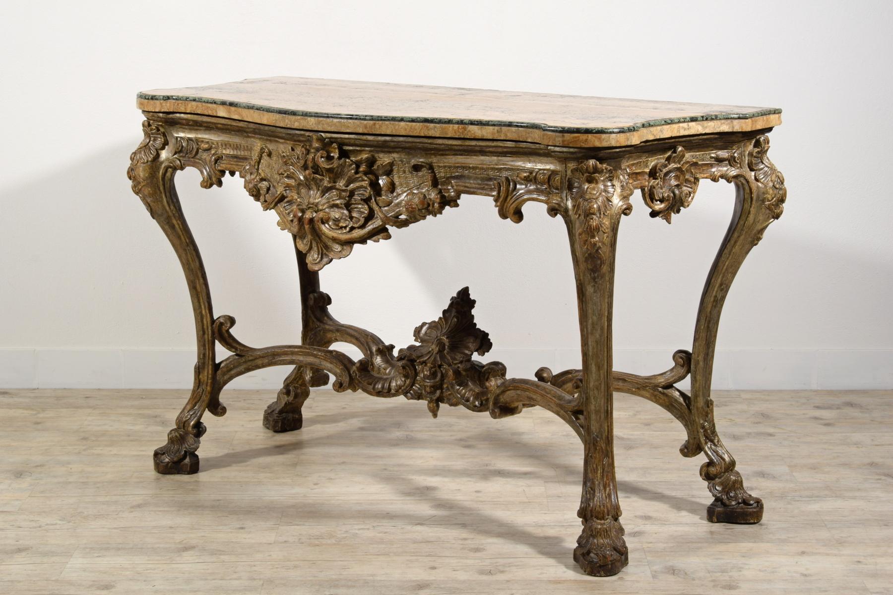 Hand-Carved 18th Century, Italian Carved and Silvered Wood Consolle For Sale