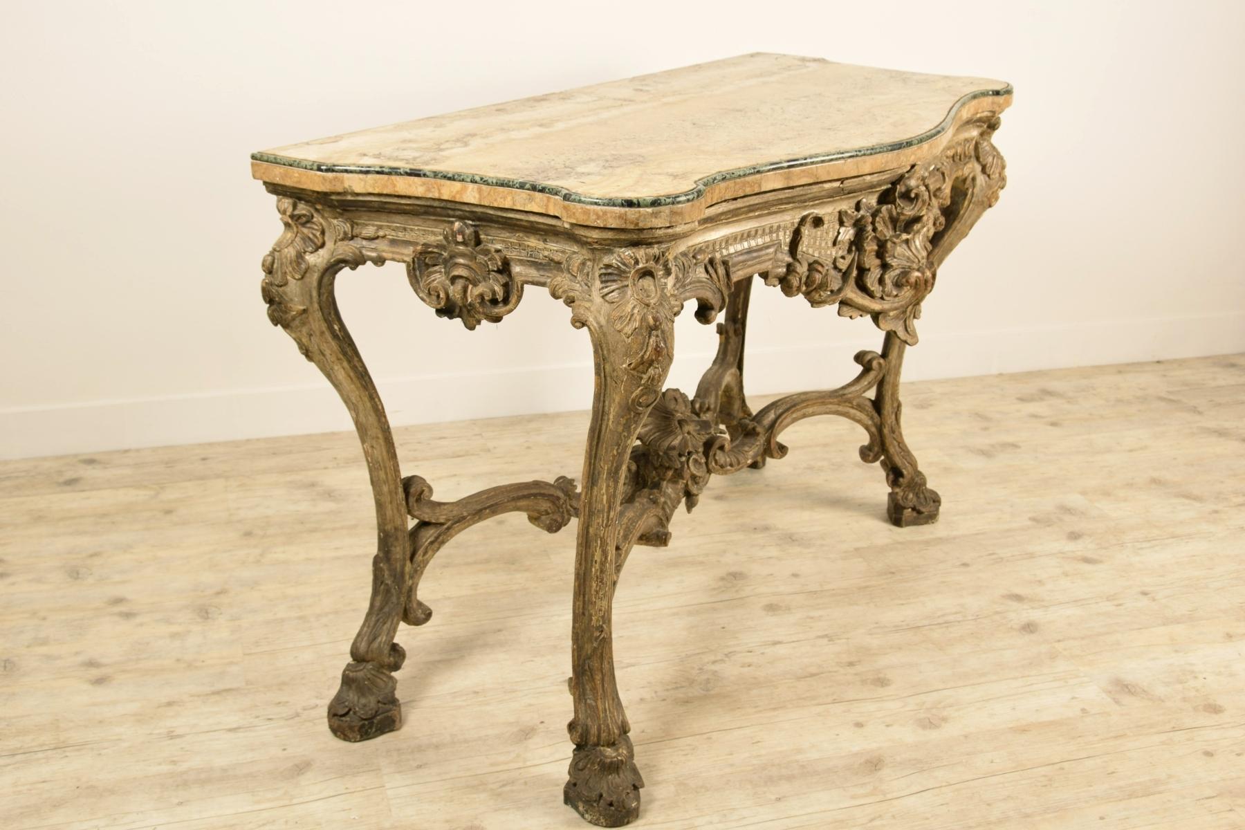 Marble 18th Century, Italian Carved and Silvered Wood Consolle
