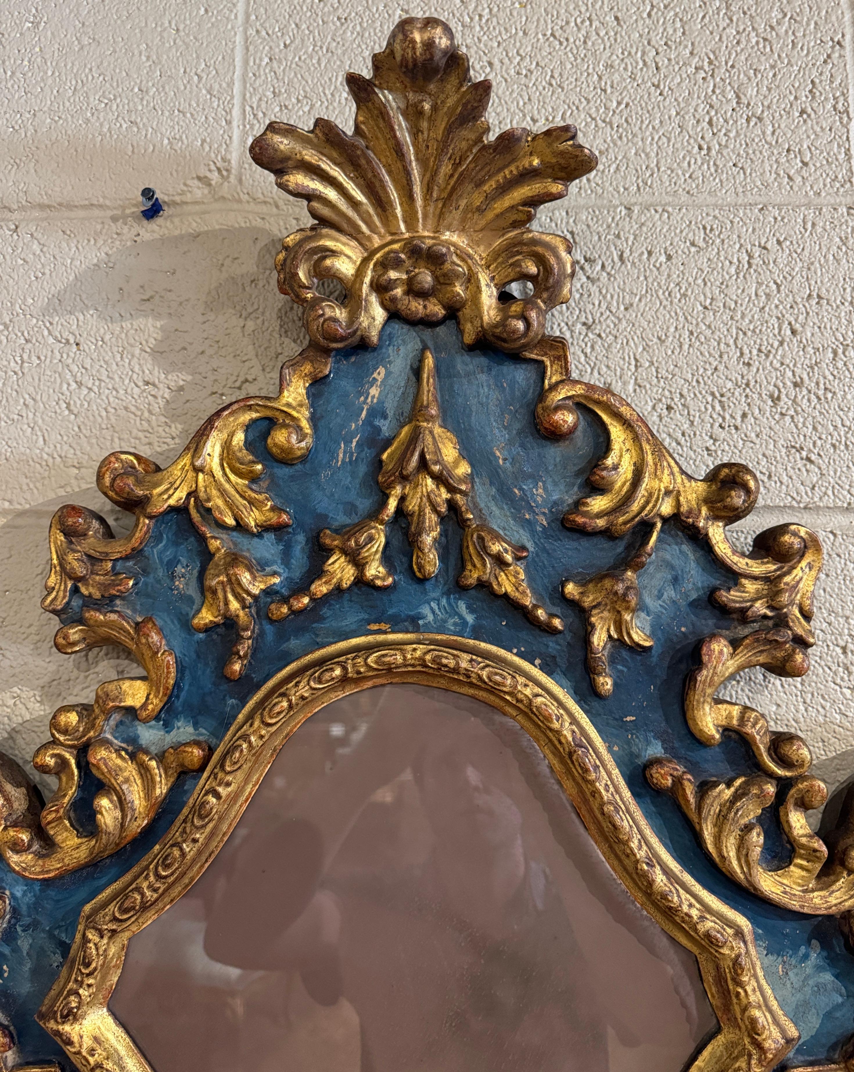 Hand-Carved 18th Century Italian Carved Baroque Giltwood and Painted Wall Frame