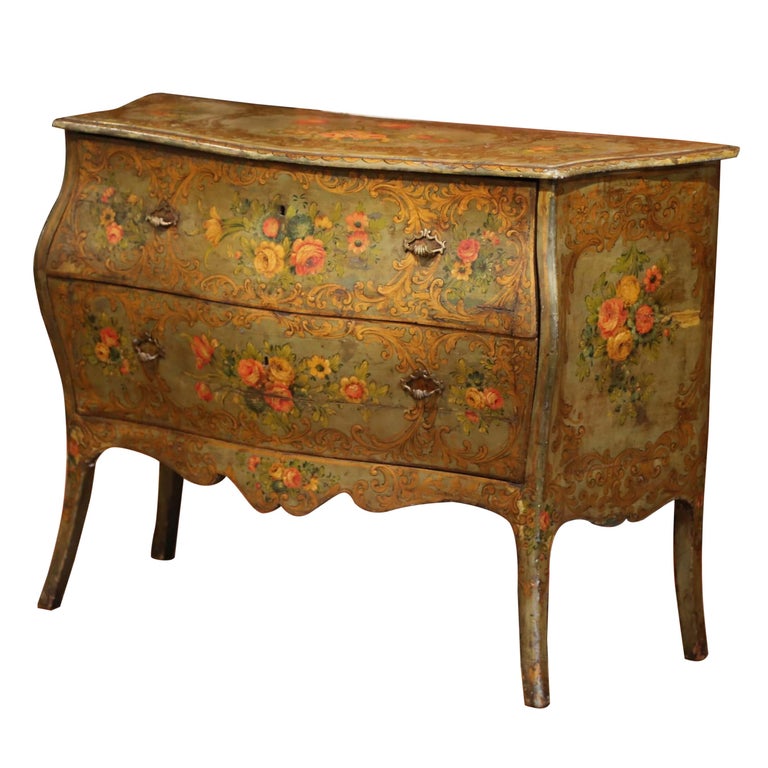 18th Century Italian Carved Bombe Painted Two Drawer Venetian