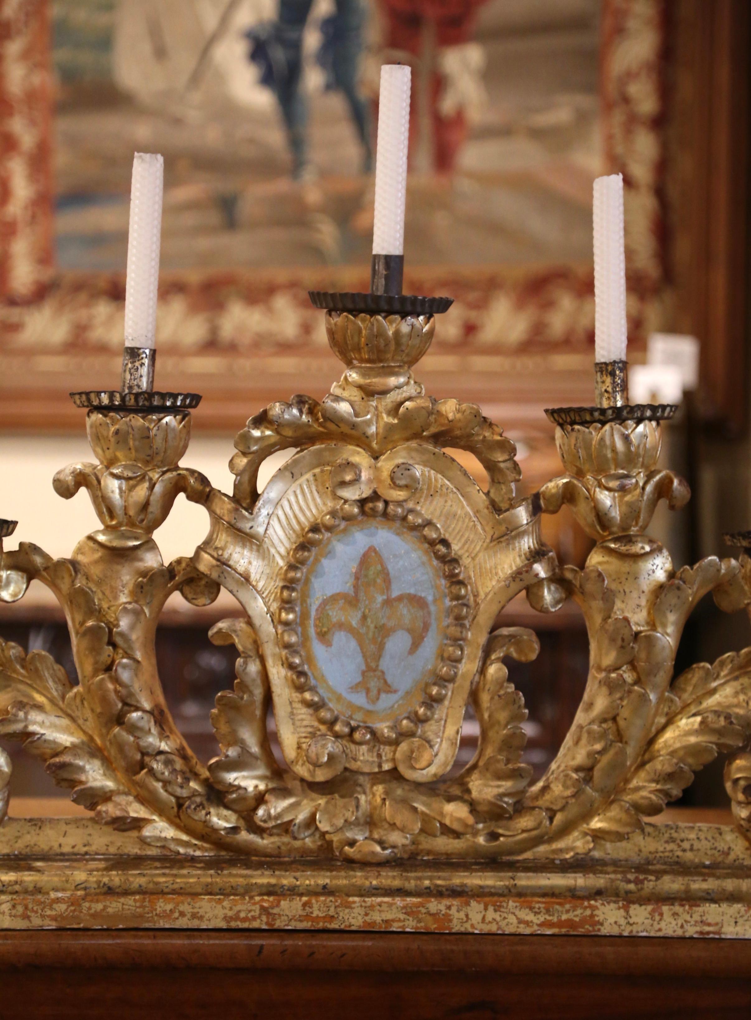 Silvered 18th Century Italian Carved Gilt Table Candelabra with Hand Painted Fleur-de-Lys