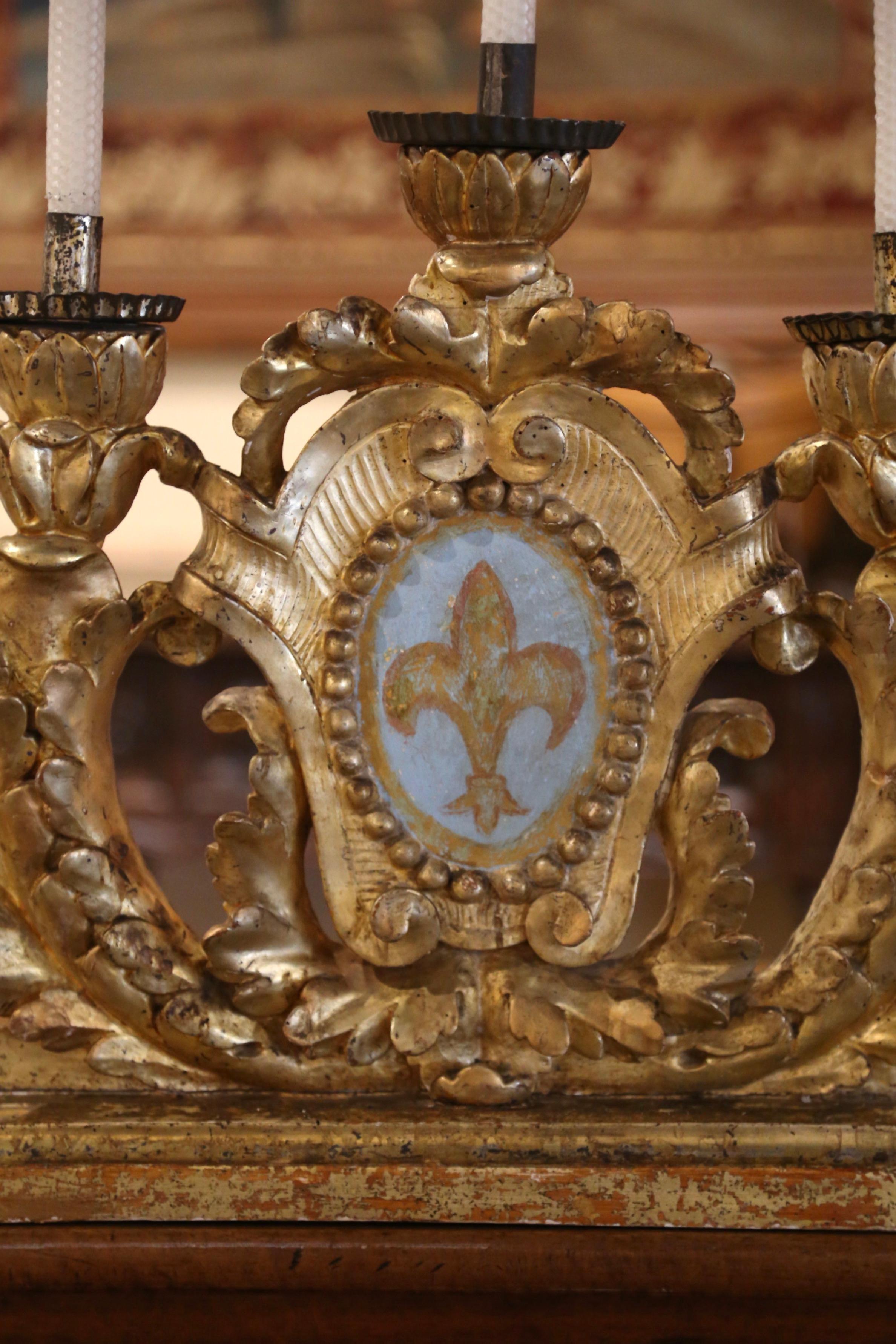 18th Century Italian Carved Gilt Table Candelabra with Hand Painted Fleur-de-Lys In Excellent Condition In Dallas, TX
