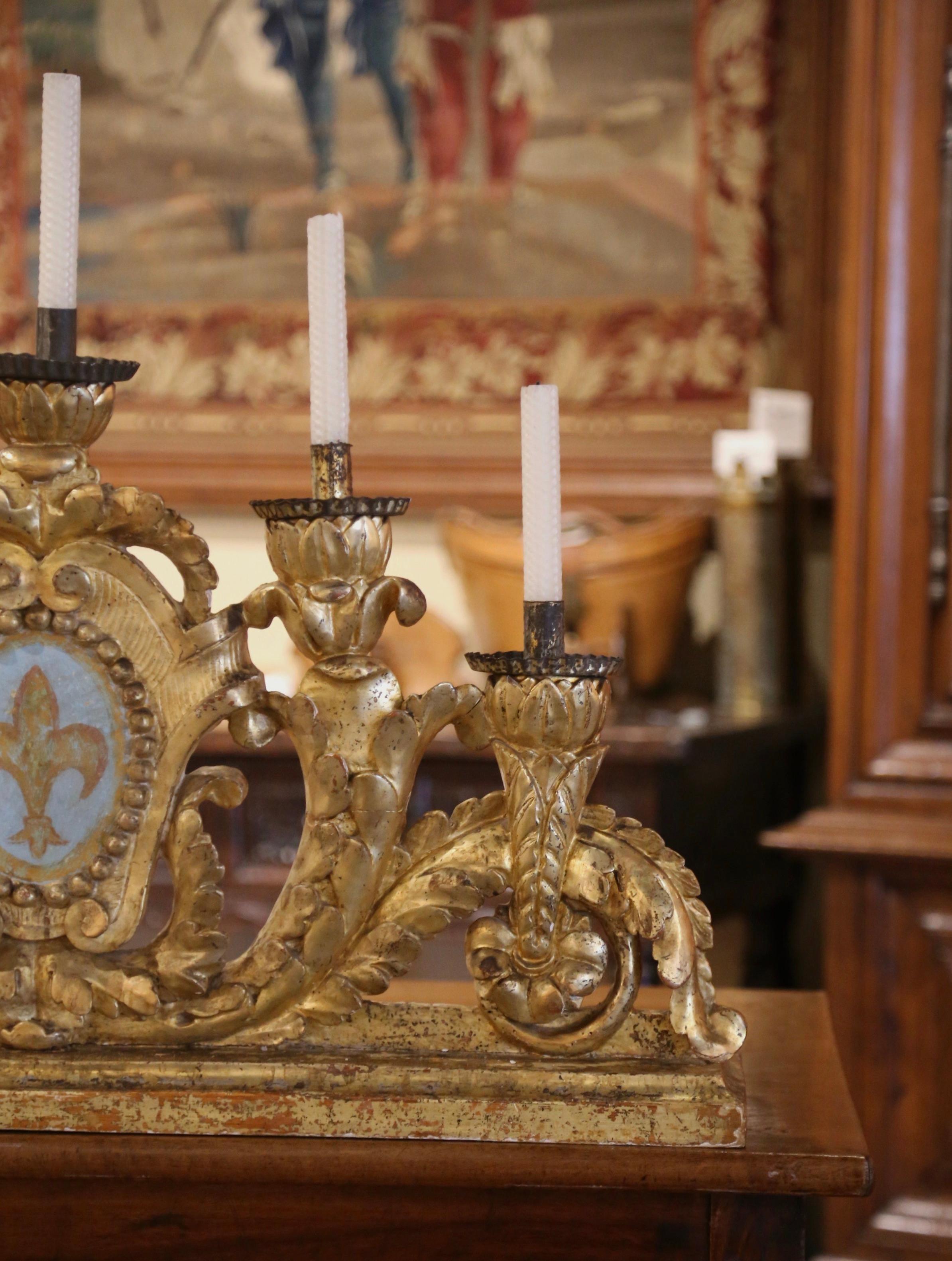Giltwood 18th Century Italian Carved Gilt Table Candelabra with Hand Painted Fleur-de-Lys