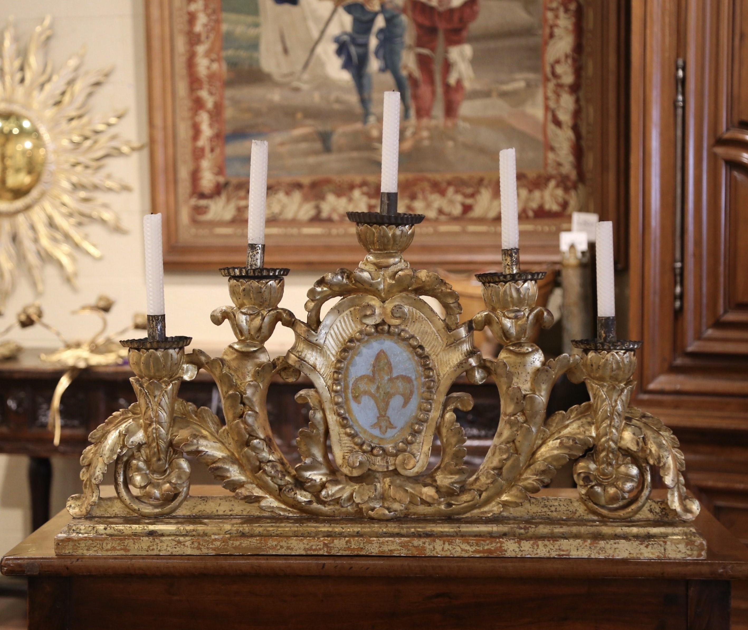 18th Century Italian Carved Gilt Table Candelabra with Hand Painted Fleur-de-Lys 1