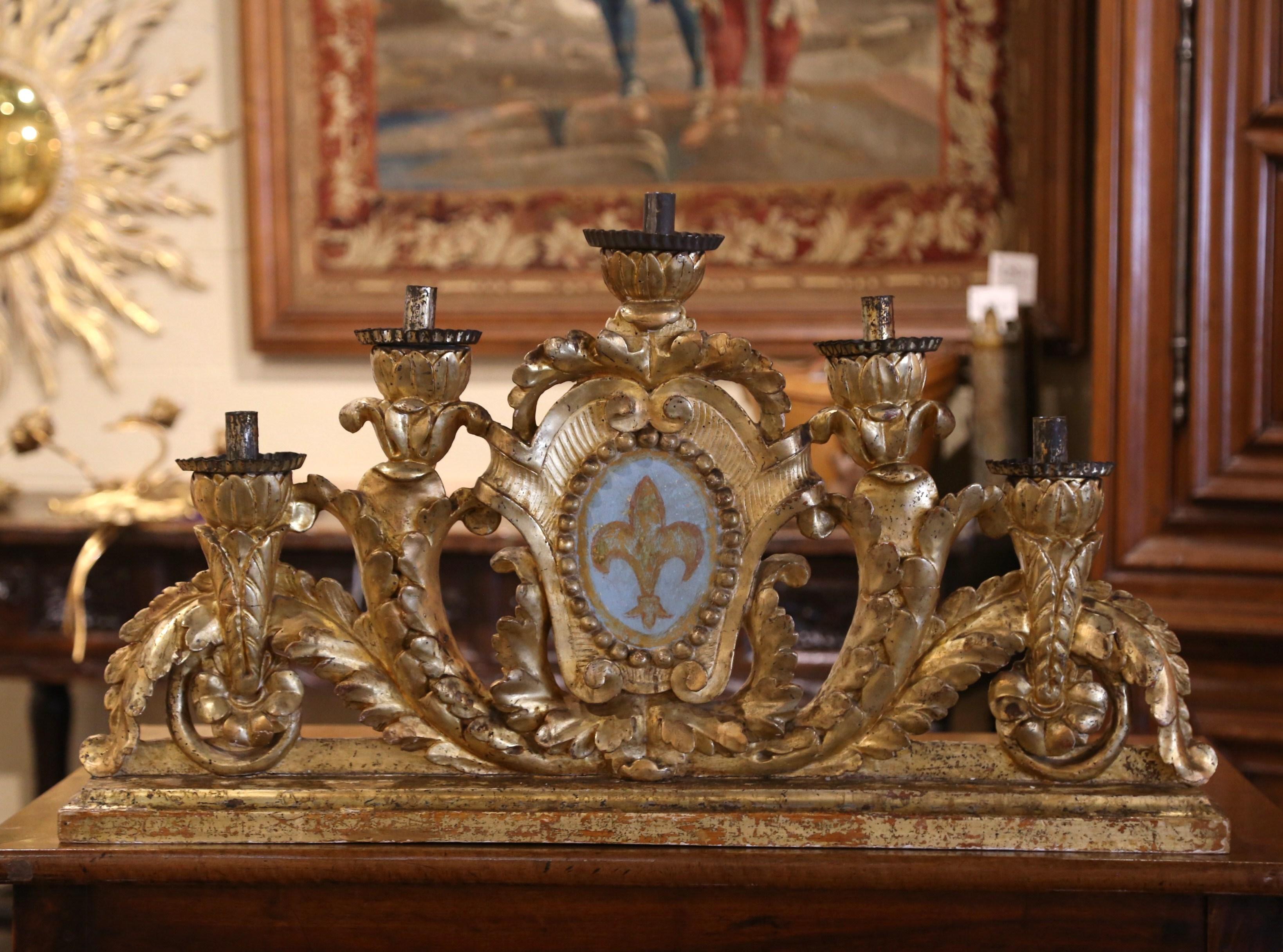 18th Century Italian Carved Gilt Table Candelabra with Hand Painted Fleur-de-Lys 2