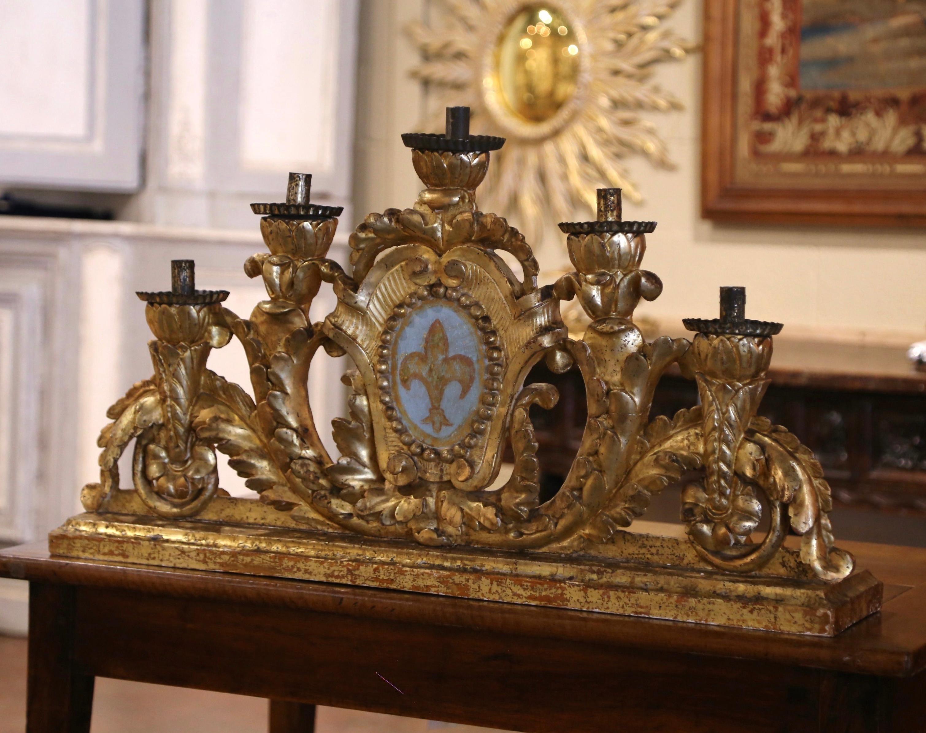 18th Century Italian Carved Gilt Table Candelabra with Hand Painted Fleur-de-Lys 3