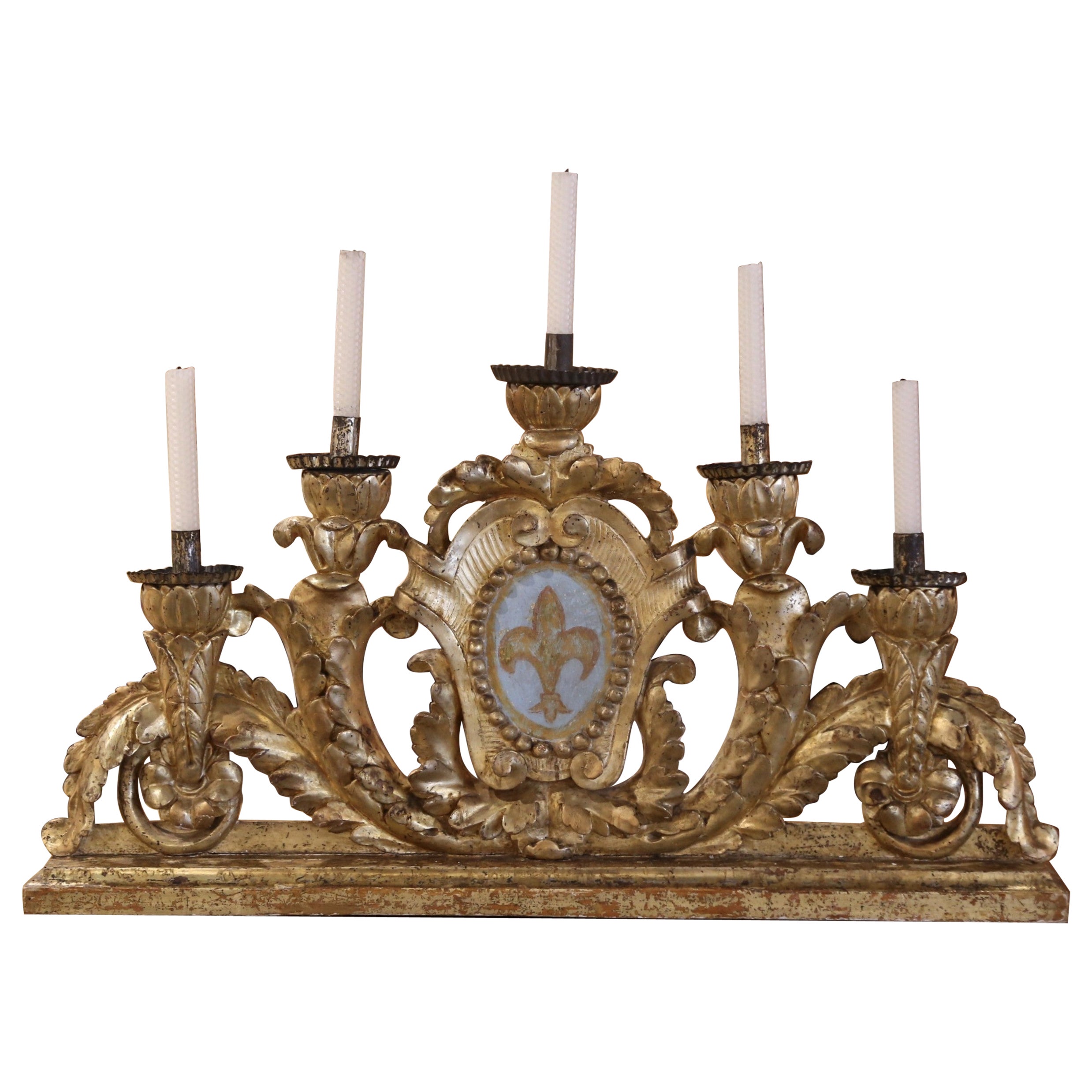 18th Century Italian Carved Gilt Table Candelabra with Hand Painted Fleur-de-Lys