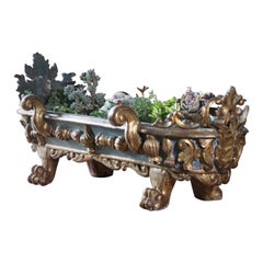 Urne italienne du 18ème siècle sculptée, dorée et sarcelle à cercueil ouvert Memento Mori Planter Urn