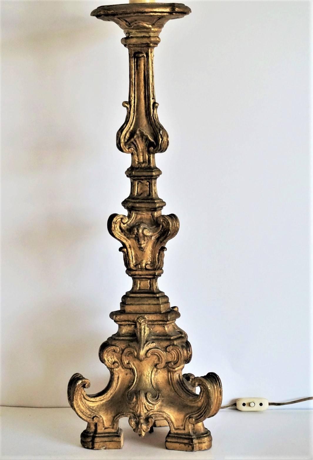 Baroque 18th Century Italian Carved Giltwood Altar Candlestick converted to a Table Lamp