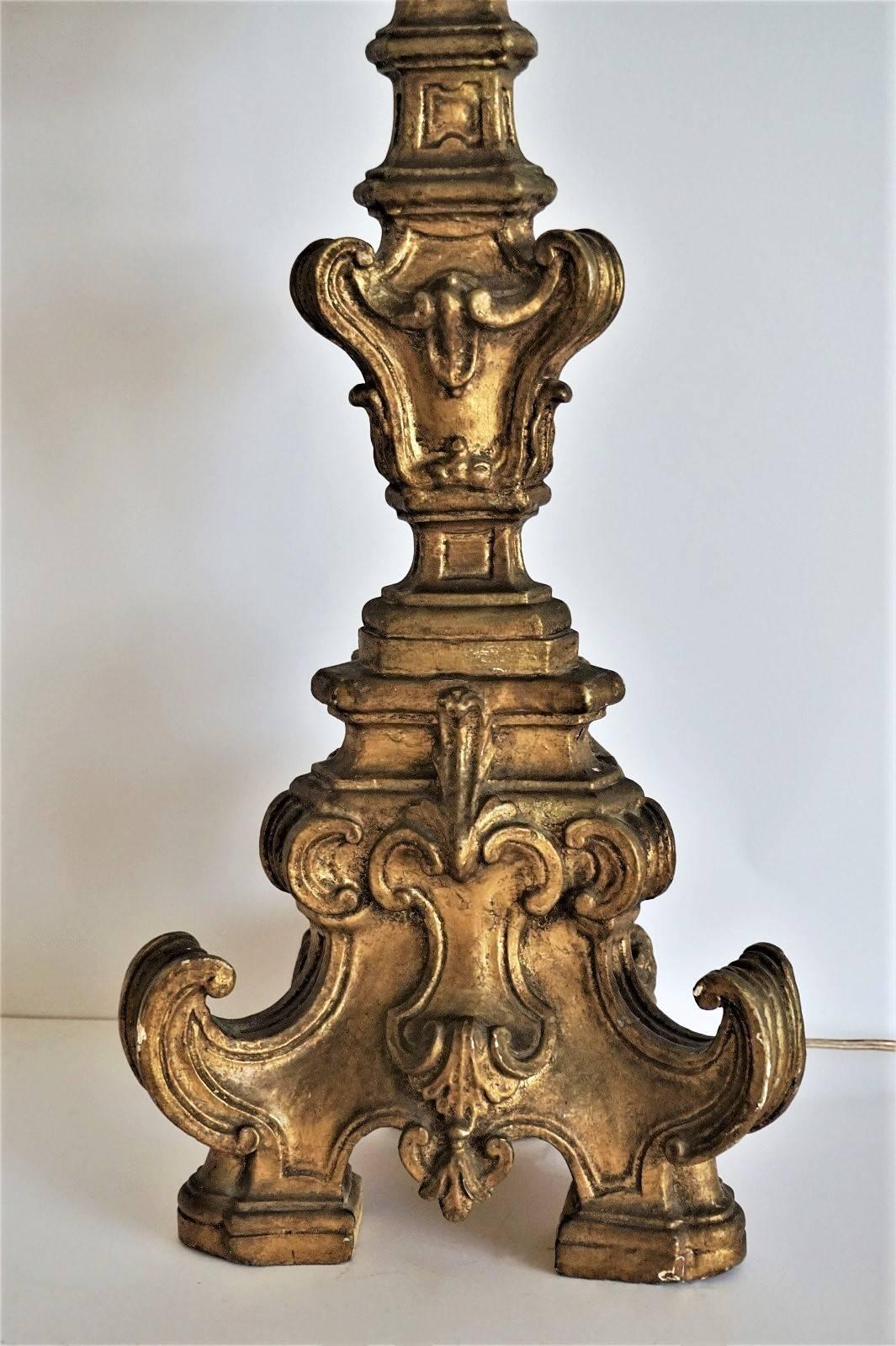 18th Century Italian Carved Giltwood Altar Candlestick converted to a Table Lamp 1