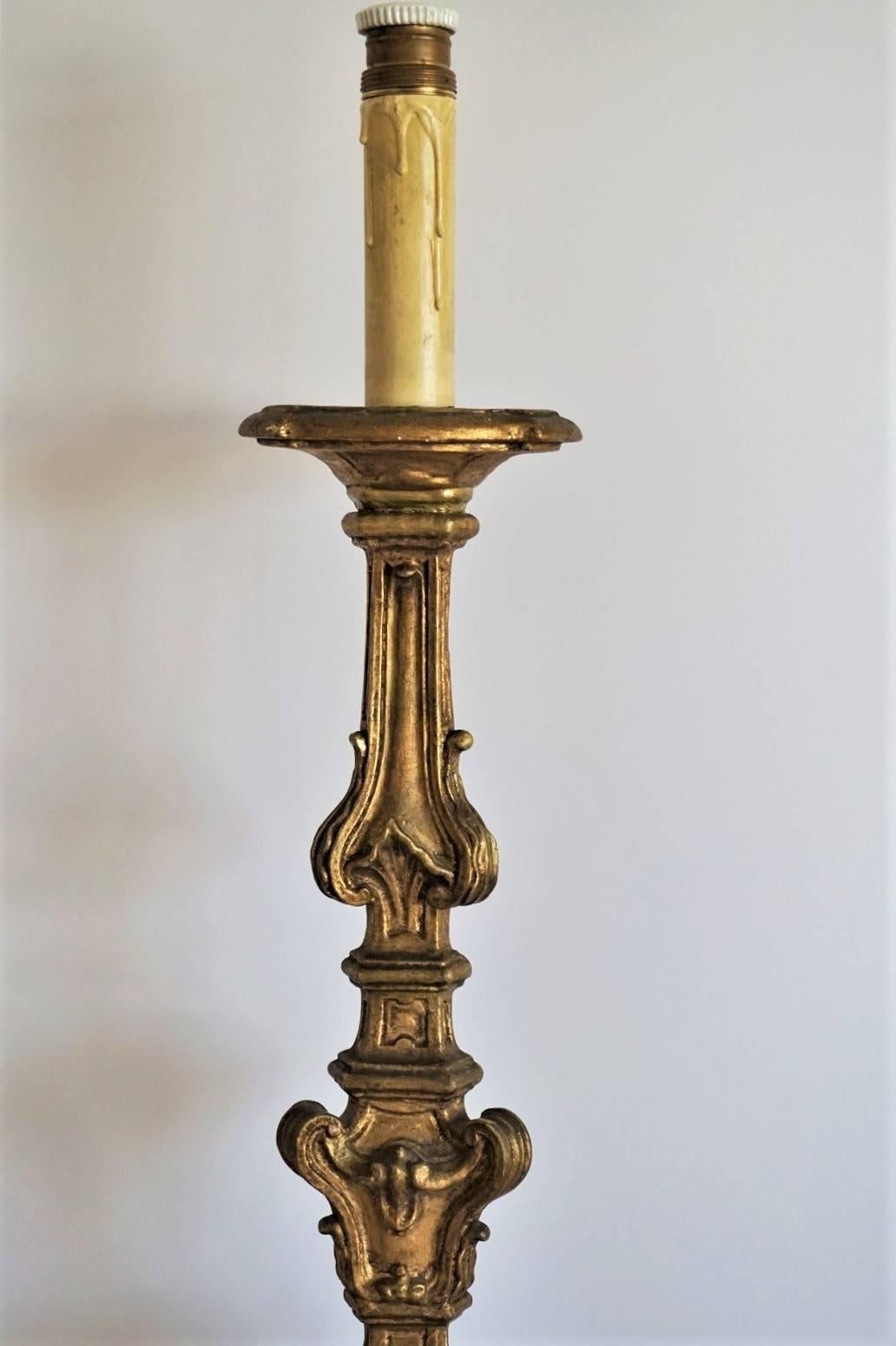 18th Century Italian Carved Giltwood Altar Candlestick converted to a Table Lamp 3