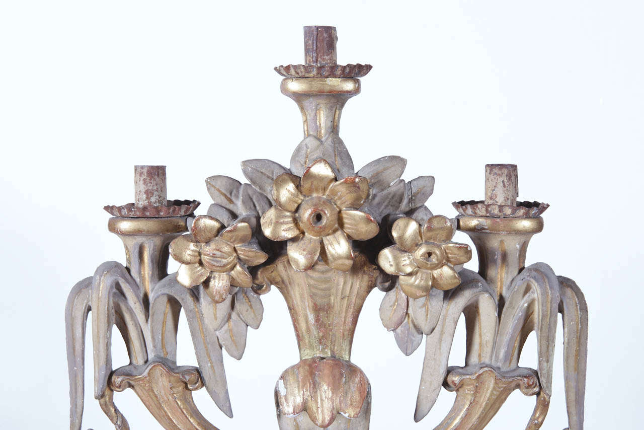 Classical Roman 18th Century Italian Carved Giltwood and Painted Three-Arm Candlestick