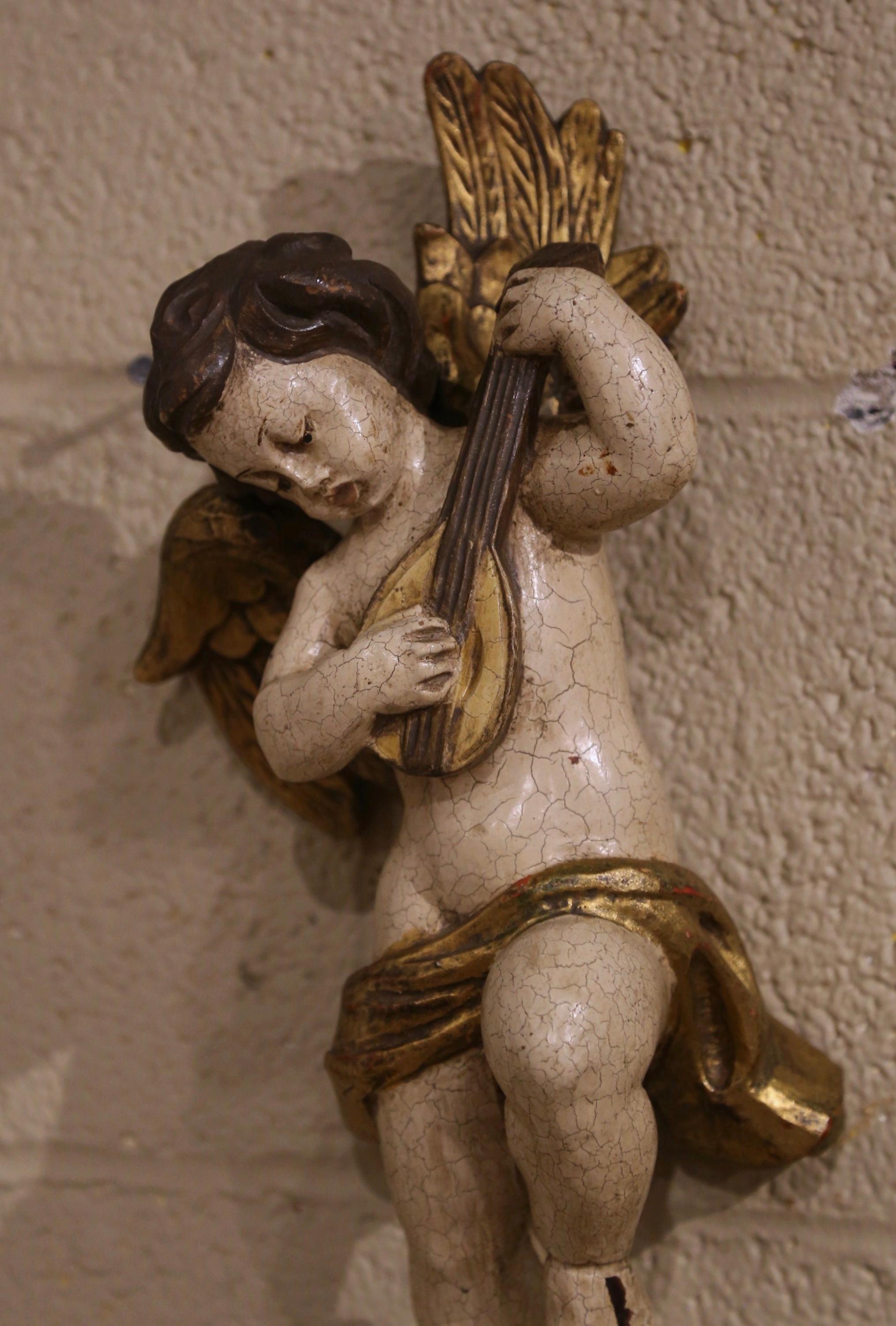 Neoclassical 18th Century Italian Carved Giltwood and Polychrome Musician Cherub Sculpture For Sale