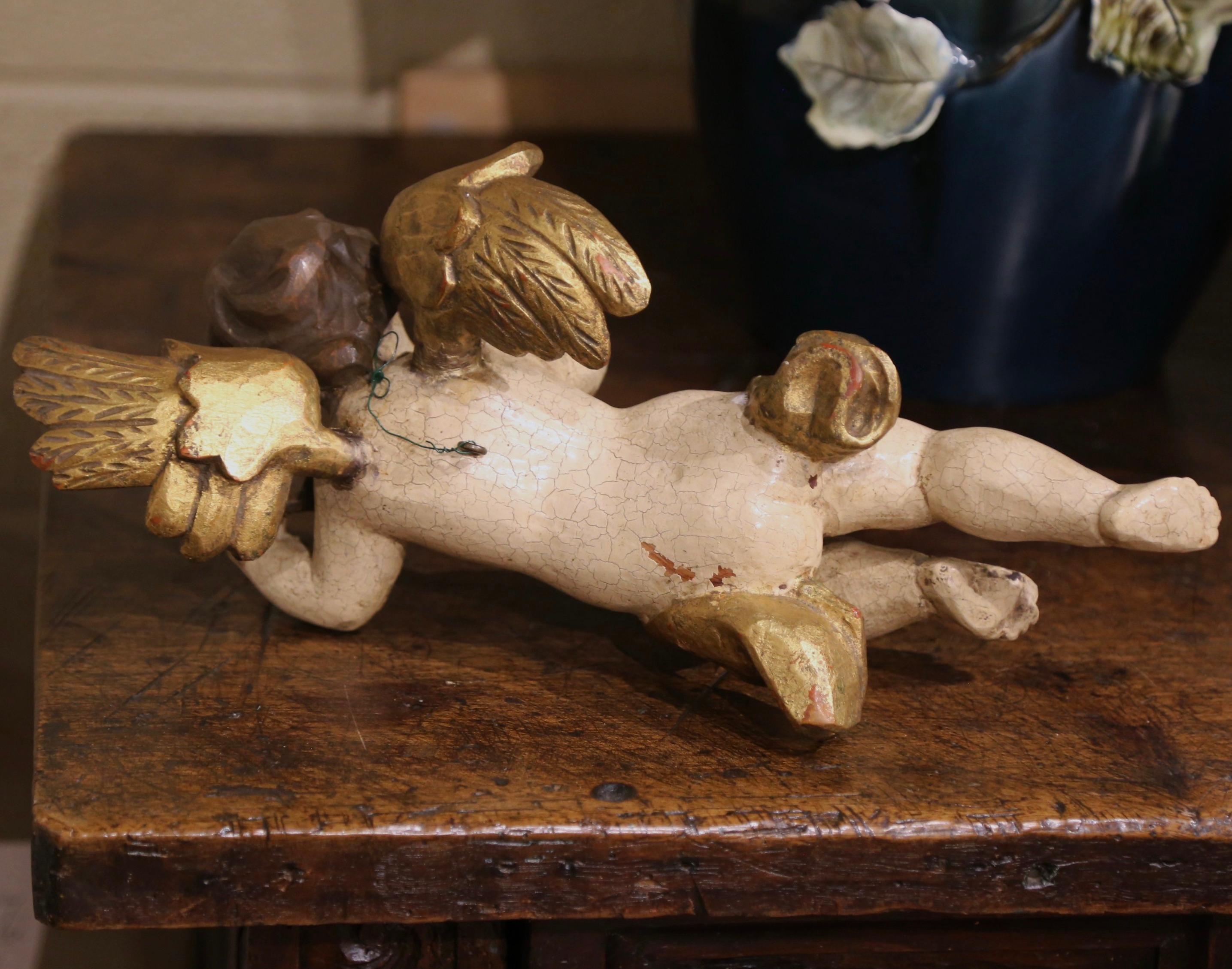 18th Century Italian Carved Giltwood and Polychrome Musician Cherub Sculpture For Sale 1