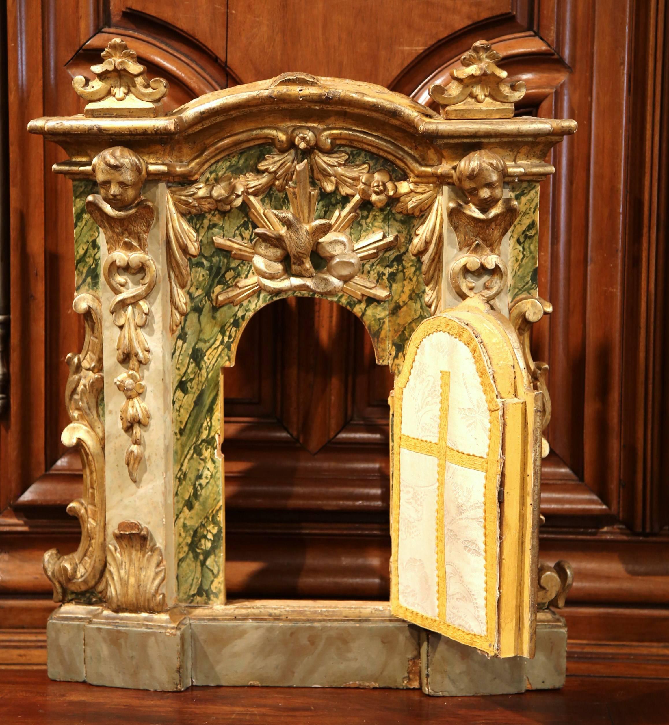 Hand-Carved 18th Century Italian Carved Giltwood and Polychrome Tabernacle Facade with Door