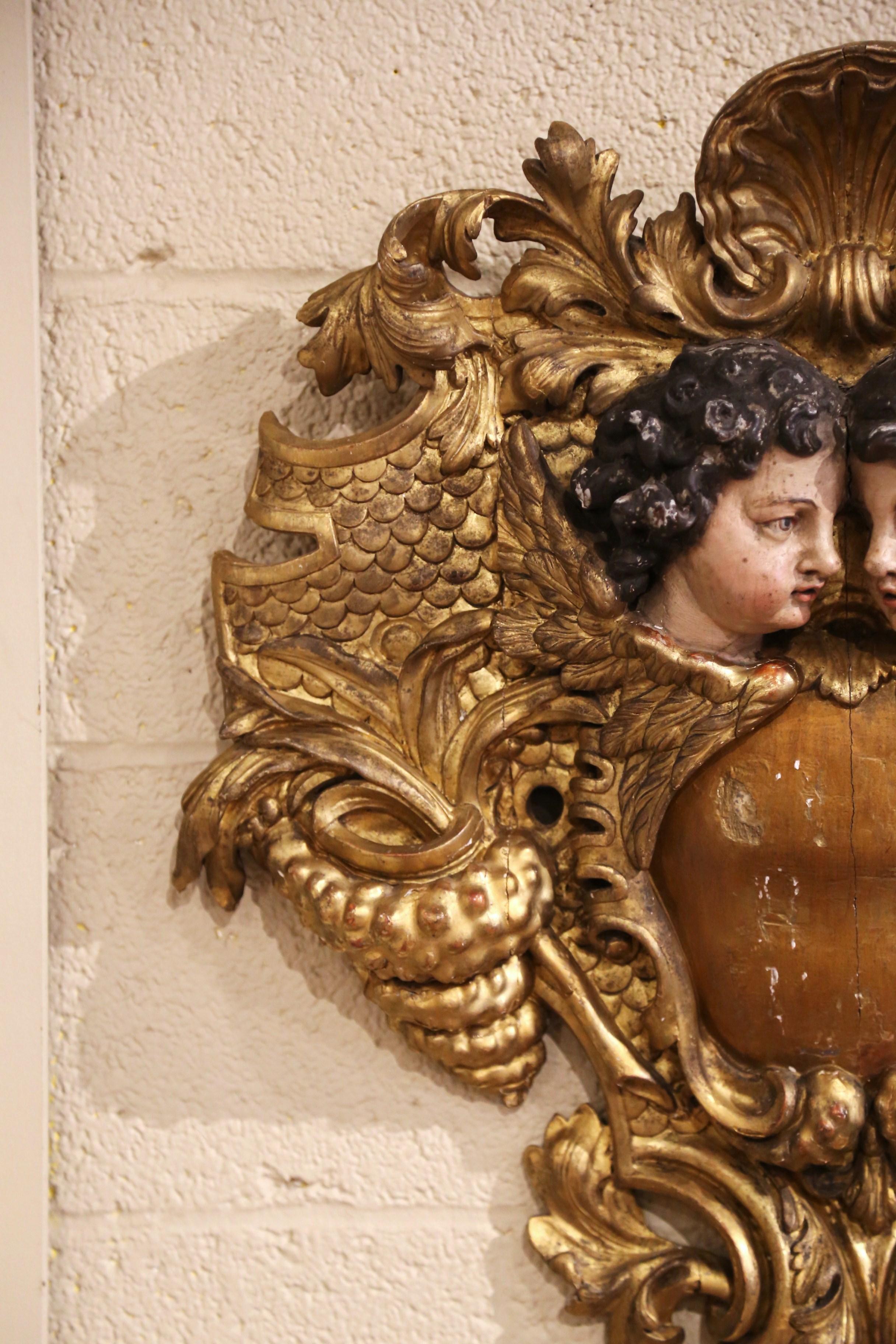 Louis XV 18th Century Italian Carved Giltwood and Polychrome Wall Sculpture with Cherubs