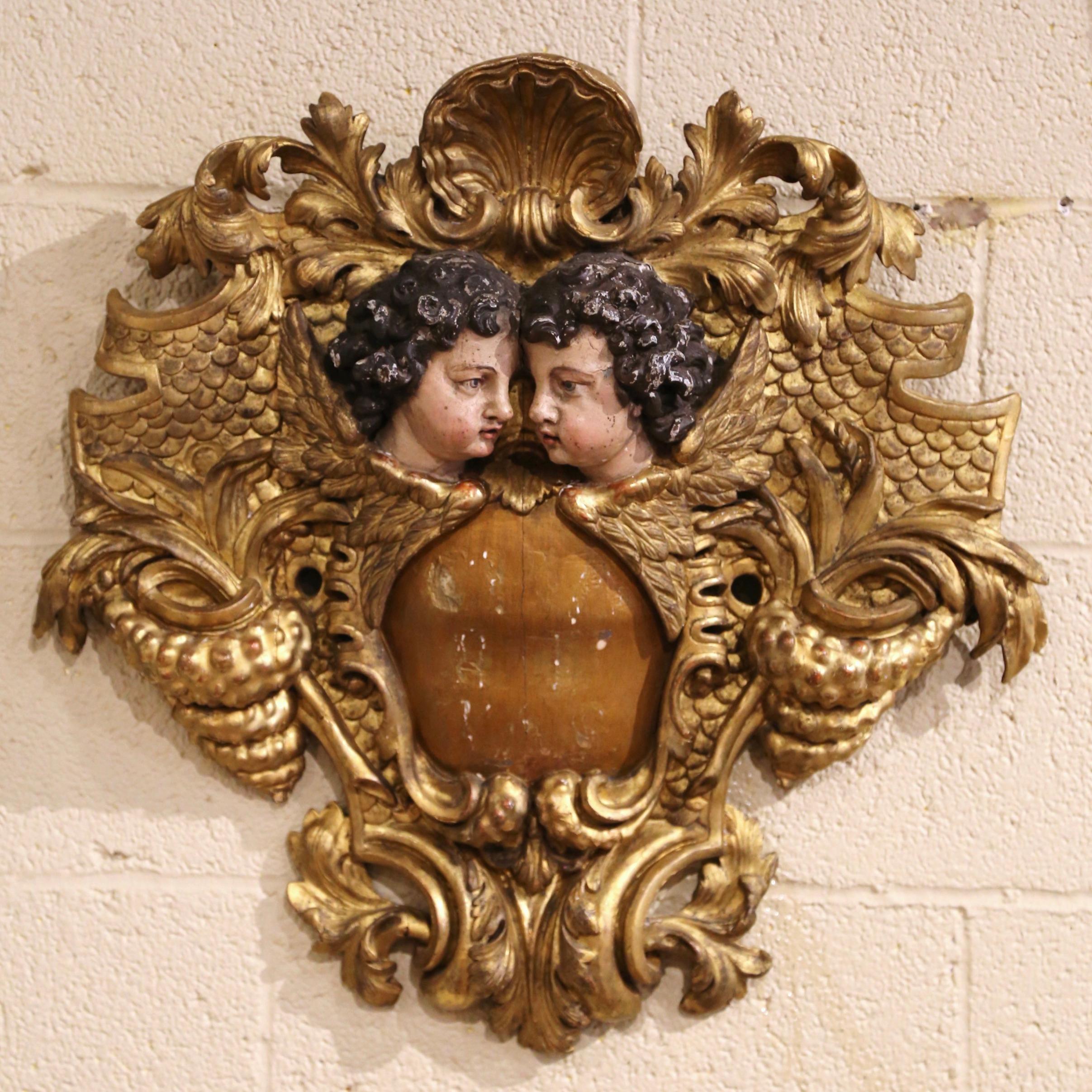 18th Century Italian Carved Giltwood and Polychrome Wall Sculpture with Cherubs 1