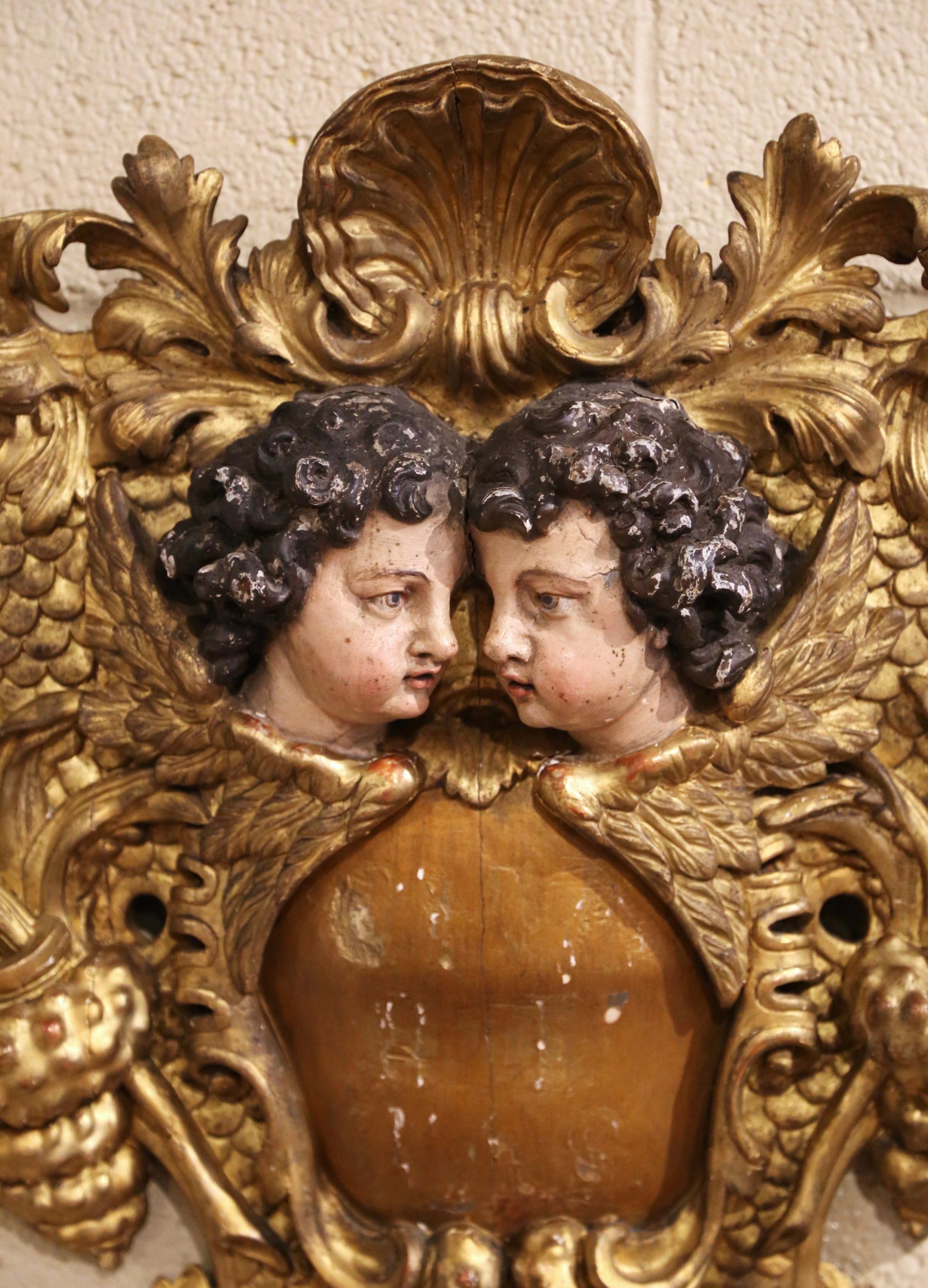 18th Century Italian Carved Giltwood and Polychrome Wall Sculpture with Cherubs 2
