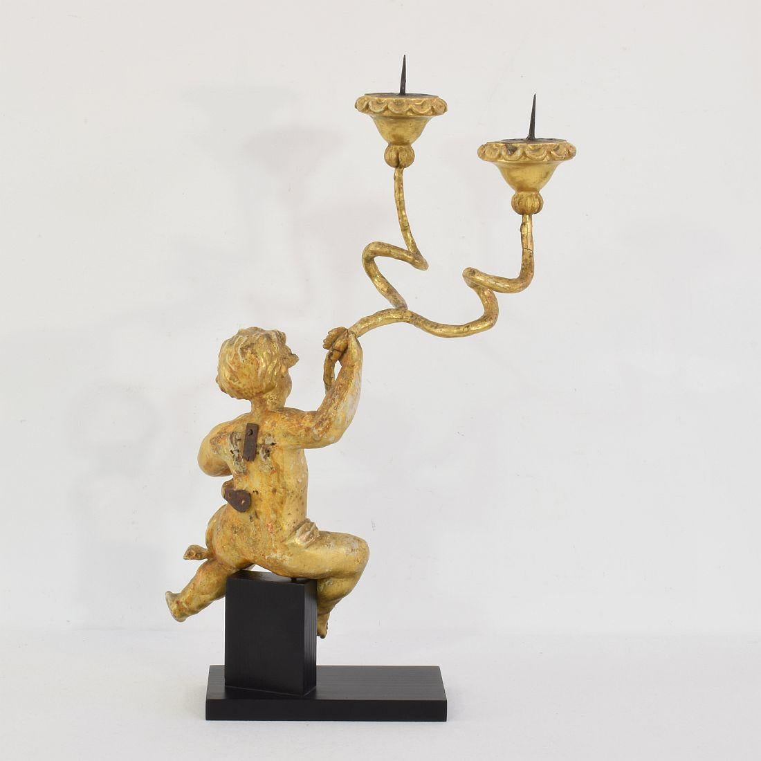 18th Century and Earlier 18th Century, Italian Carved Giltwood Baroque Angel with Candleholder