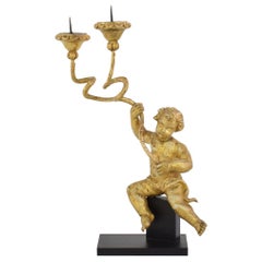 18th Century, Italian Carved Giltwood Baroque Angel with Candleholder