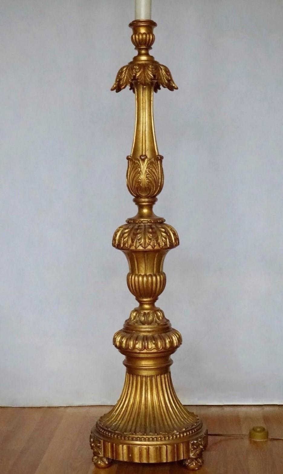 Hand-Carved 18th Century Italian Carved Giltwood Church Torchère Converted to Floor Lamp For Sale