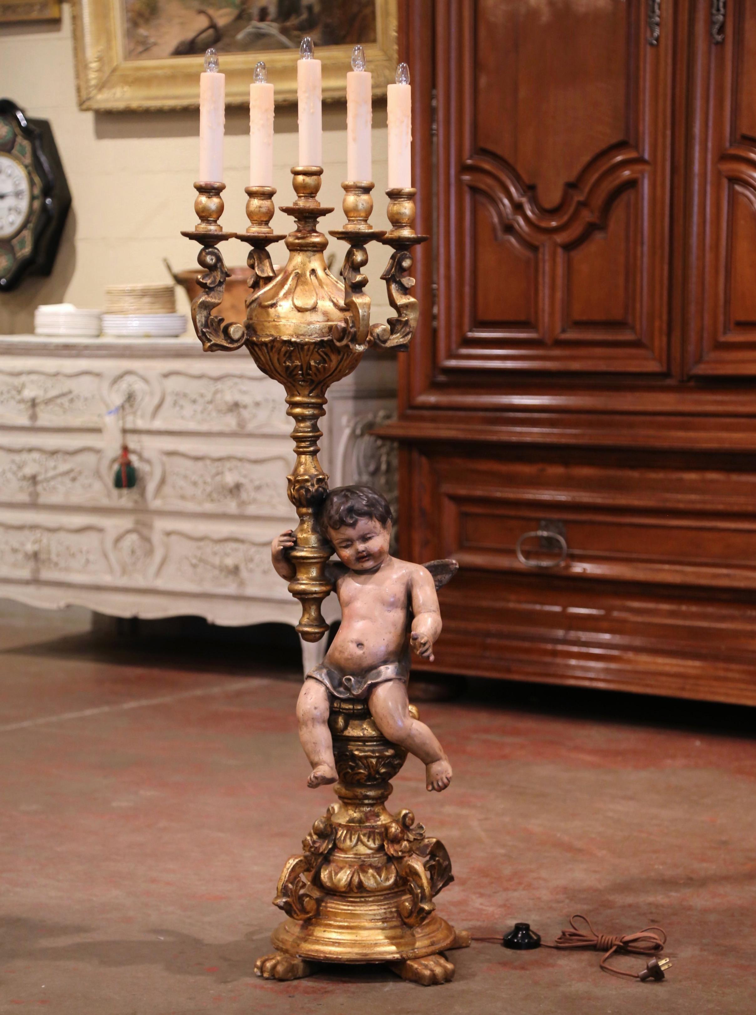 18th Century Italian Carved Giltwood Painted and Polychromed Cherub Floor Lamp In Excellent Condition In Dallas, TX