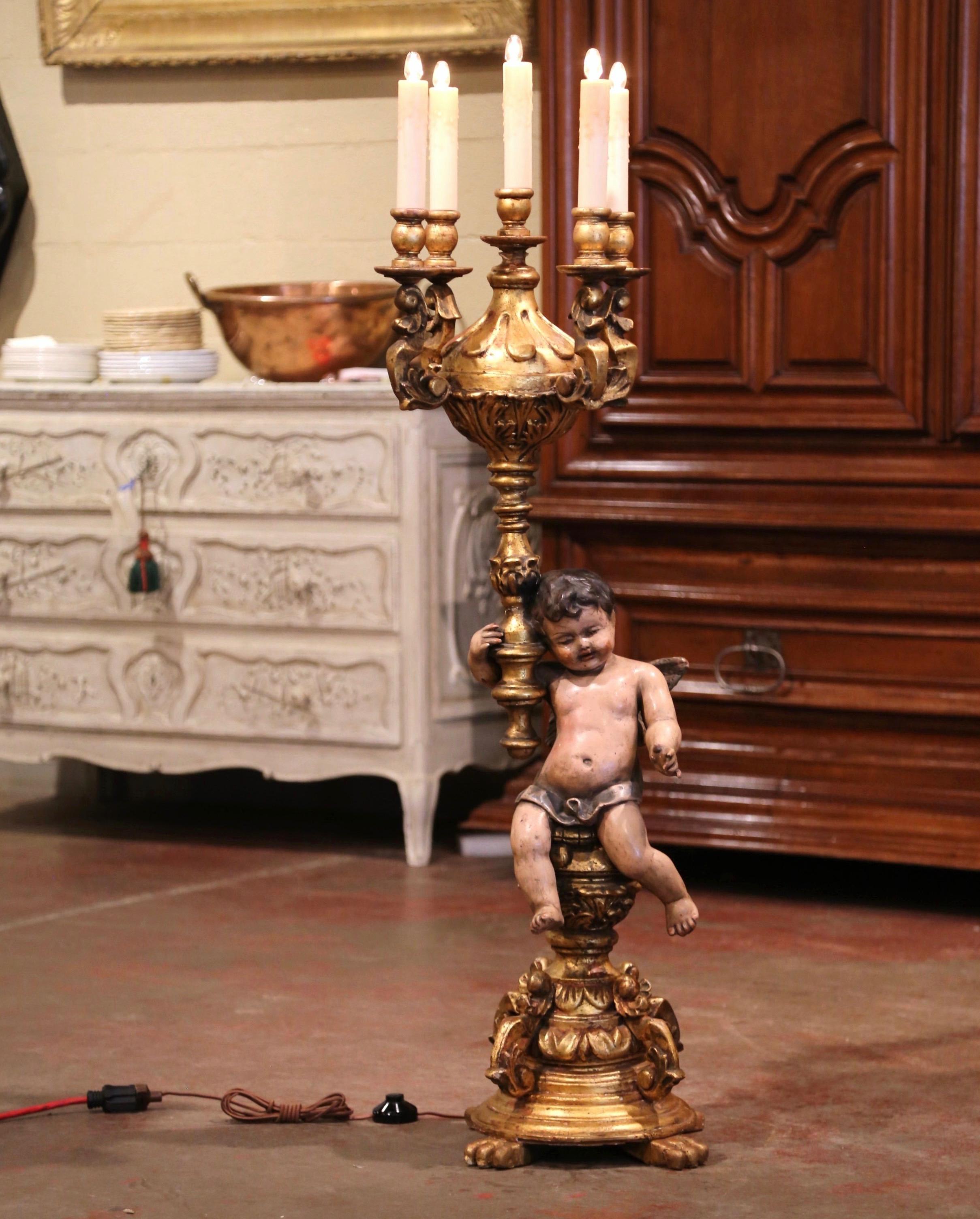 18th Century Italian Carved Giltwood Painted and Polychromed Cherub Floor Lamp 1