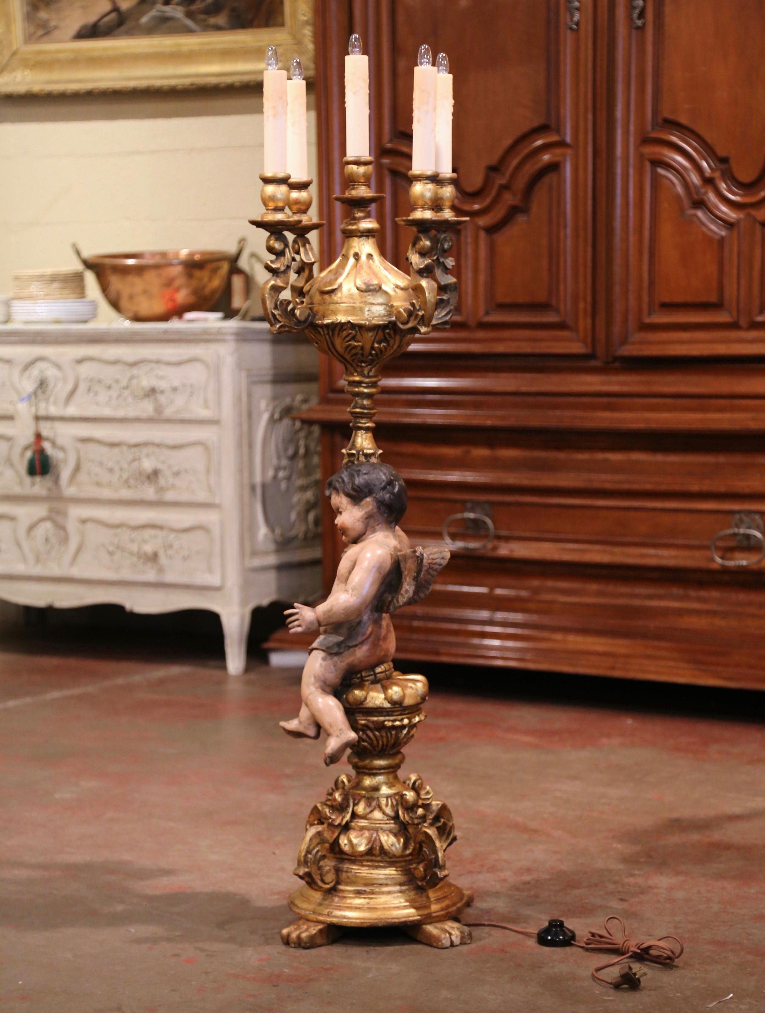 18th Century Italian Carved Giltwood Painted and Polychromed Cherub Floor Lamp 3