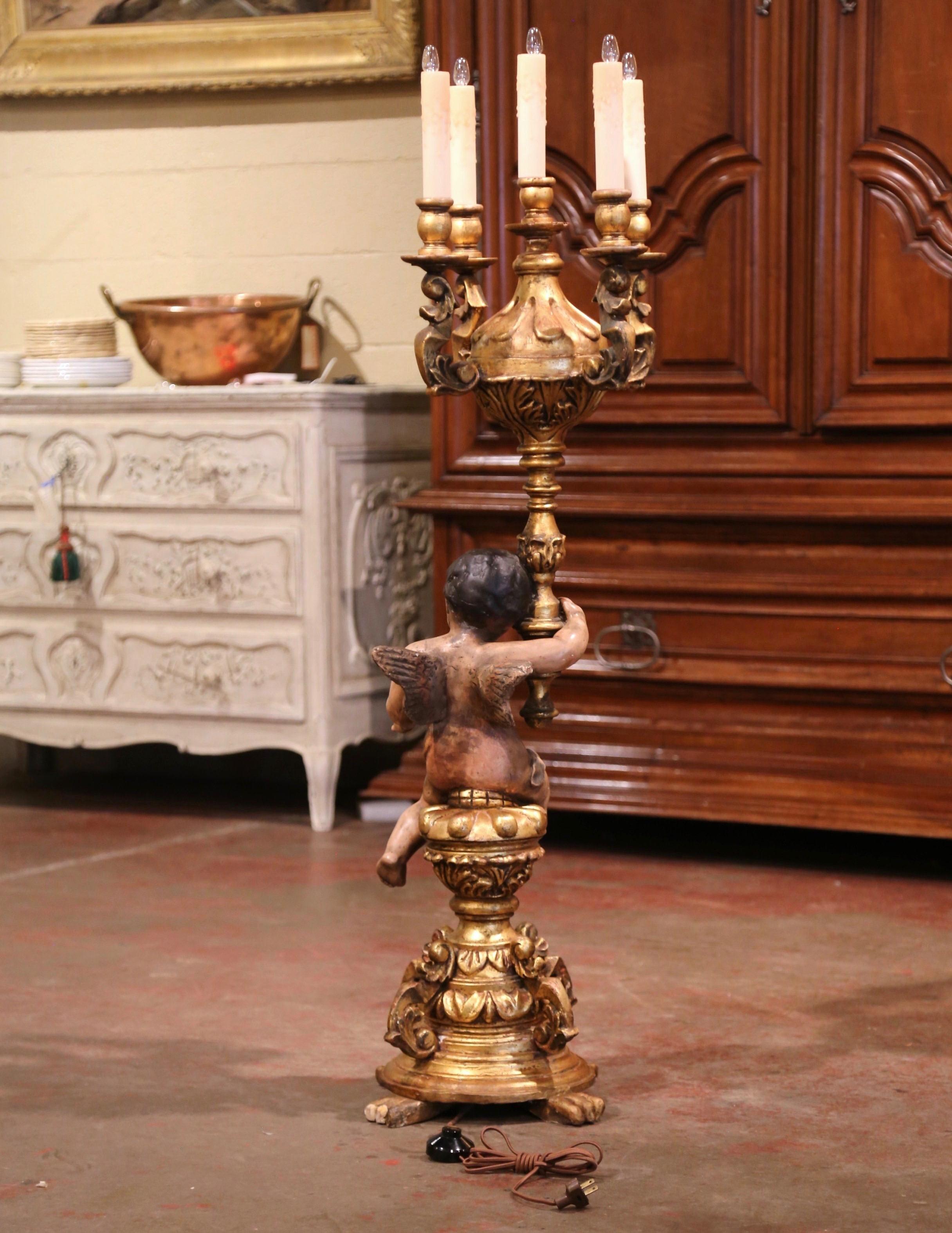 18th Century Italian Carved Giltwood Painted and Polychromed Cherub Floor Lamp 4