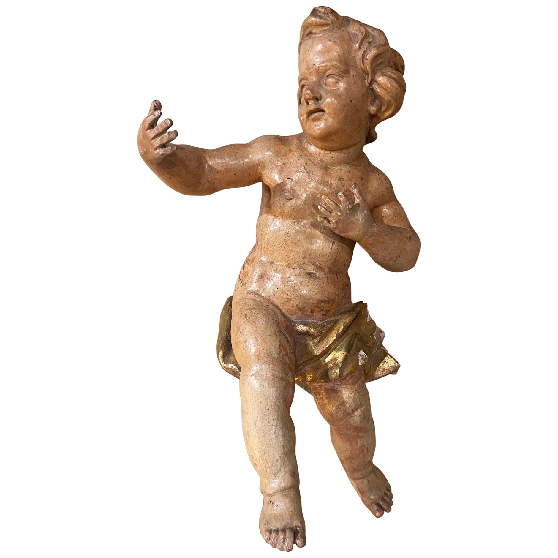 18th Century Italian Carved Giltwood Polychrome Cherub Sculpture