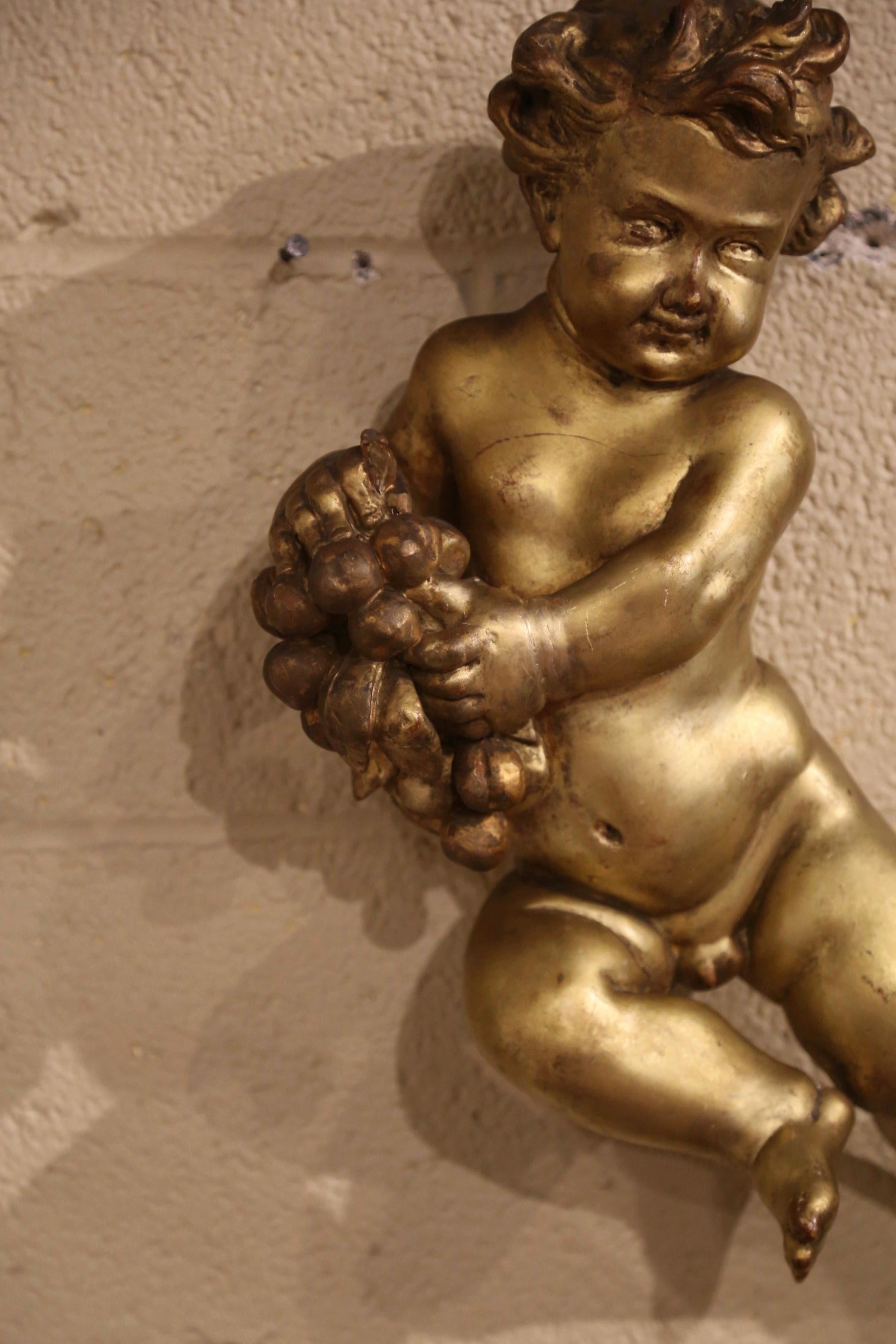 18th Century Italian Carved Giltwood Putti Cherub Wall Sculpture Holding Grapes 1