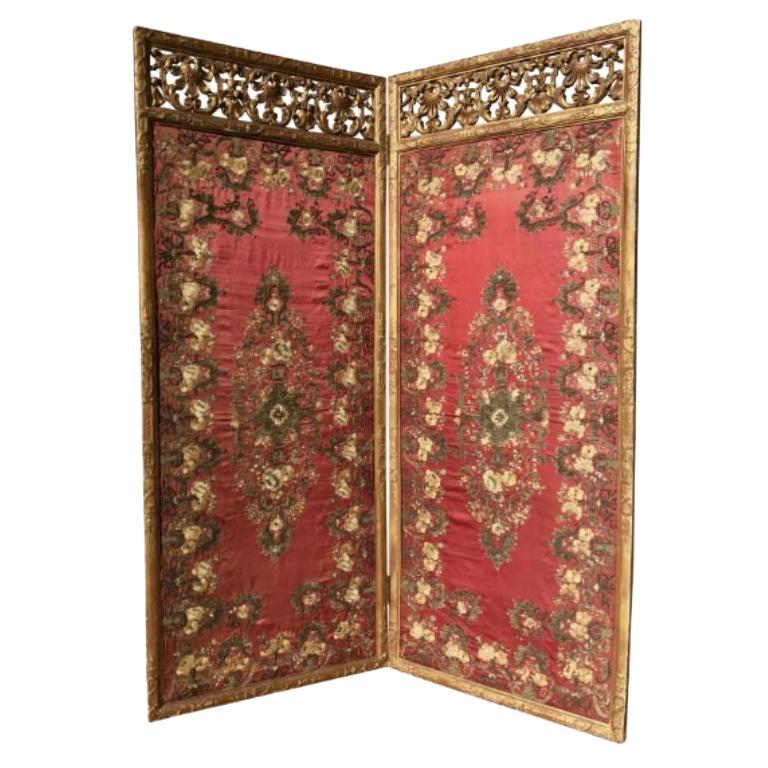 18th Century Italian Carved Giltwood Screen with Silk Needlework-Panels