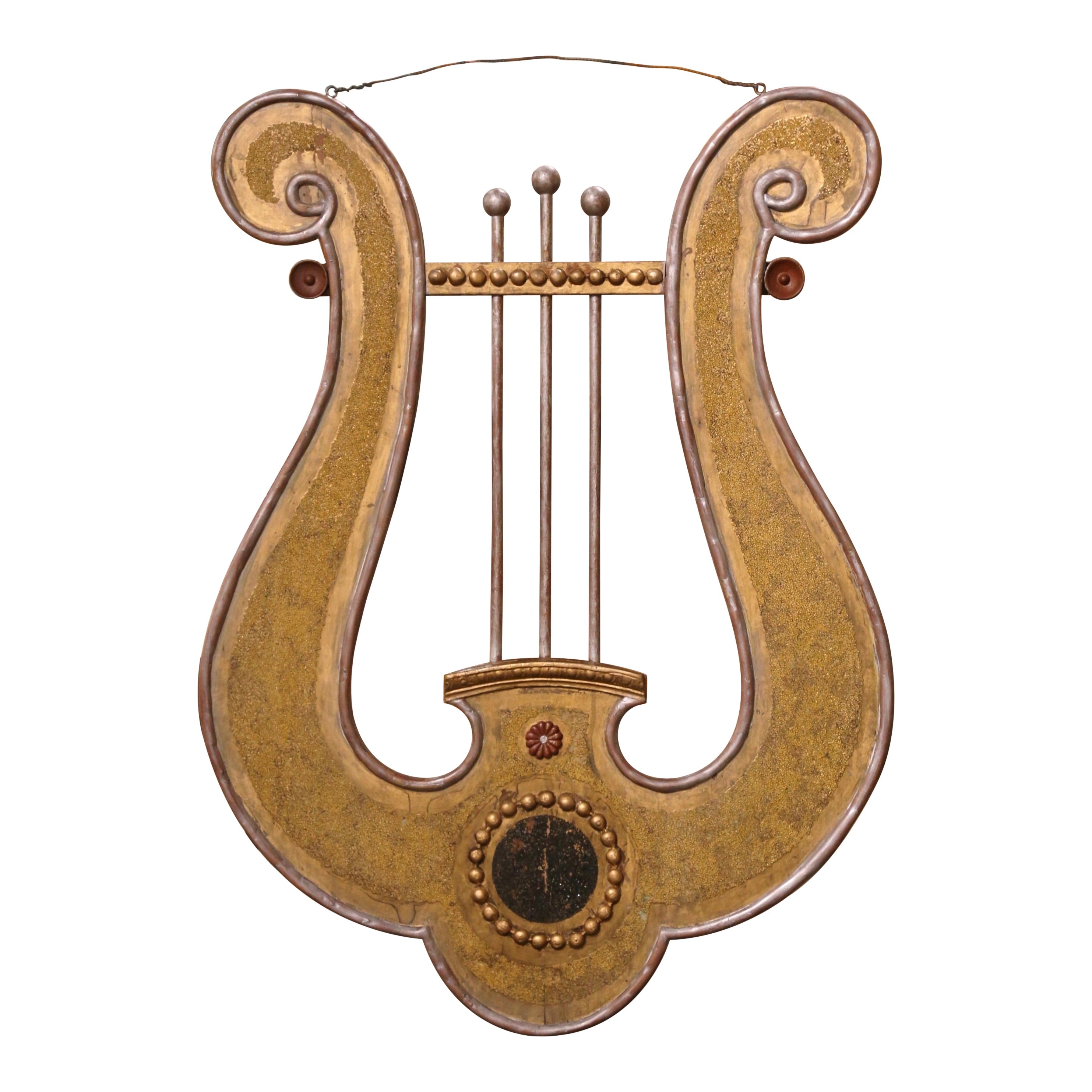 18th Century Italian Carved Giltwood, Silvered and Painted Decorative Wall Lyre