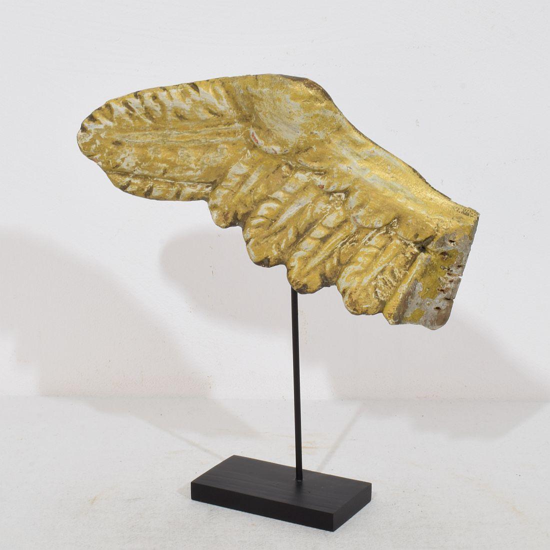 Schöner barocker handgeschnitzter Engelsflügel aus Holz. Seltener und sehr dekorativer Gegenstand auf einem Holzsockel, Italien, um 1750. Verwittert. Die Maße sind inklusive des Holzsockels.