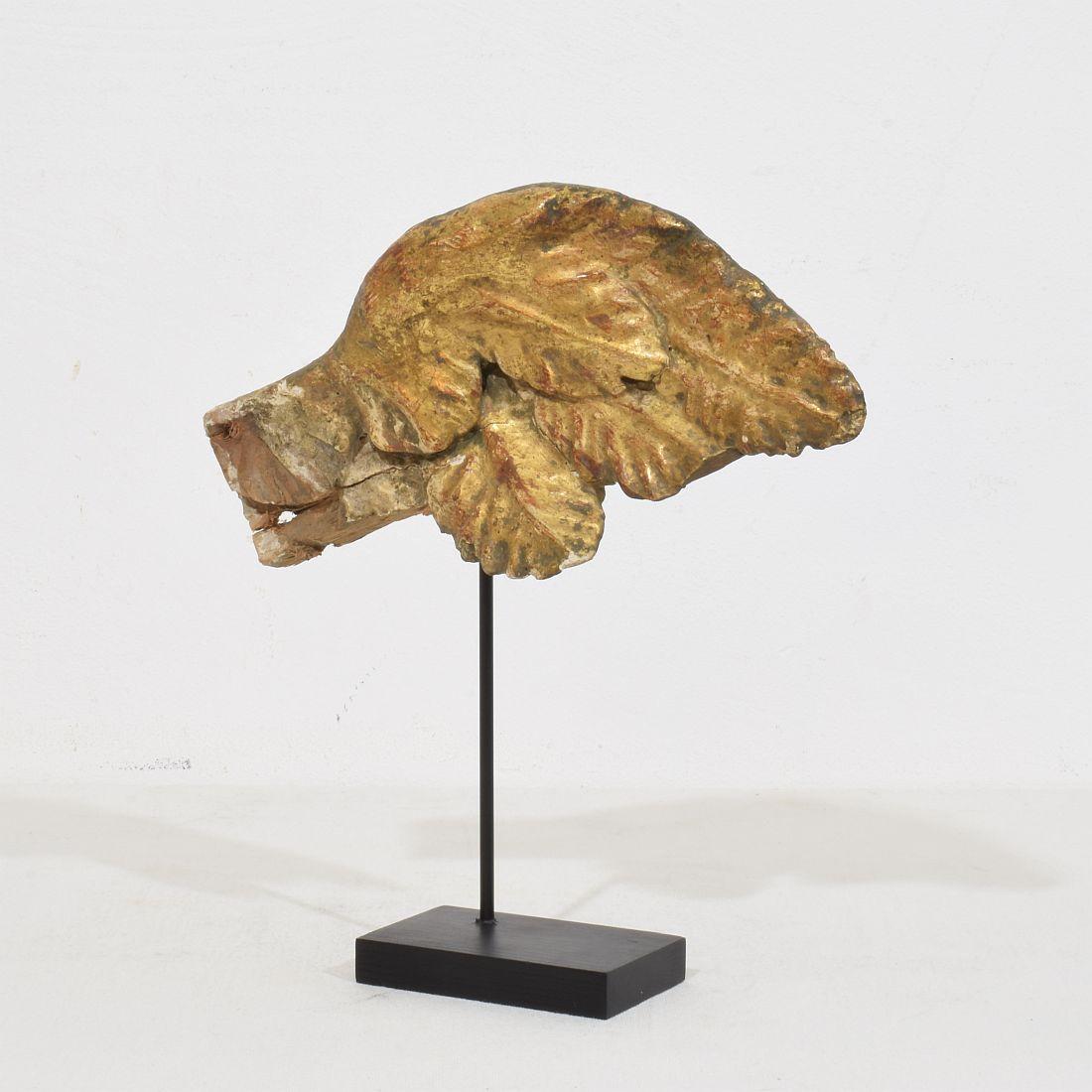 Bellissima ala d'angelo barocca intagliata a mano in legno dorato. Oggetto raro e molto decorativo posto su una base di legno, Italia, circa 1750. Intemperie. La misura è comprensiva della base in legno.
H. H. 22cm  L:19,5cm P:5cm 