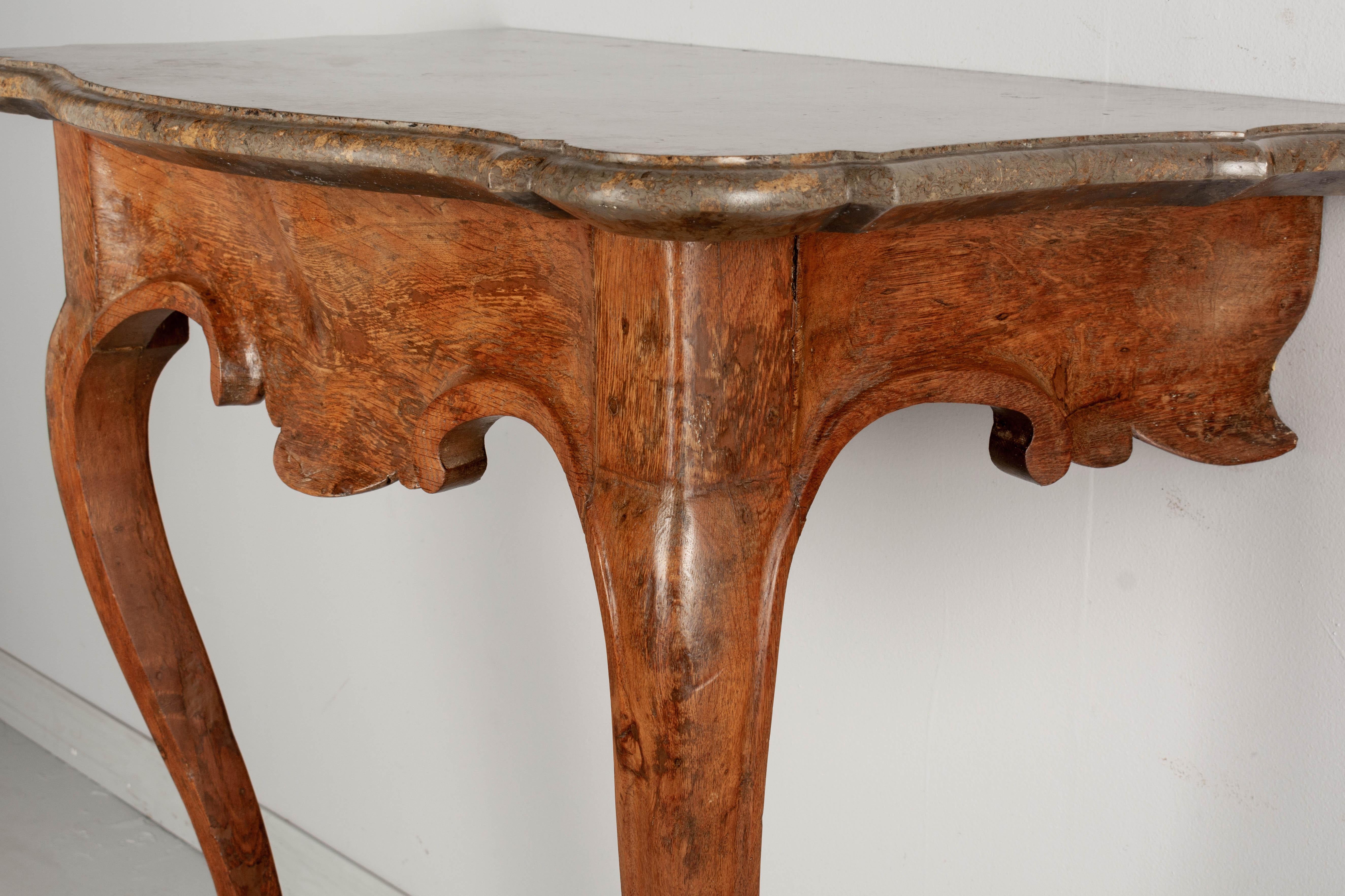 Hand-Carved 18th Century Italian Carved Oak Marble Top Console For Sale