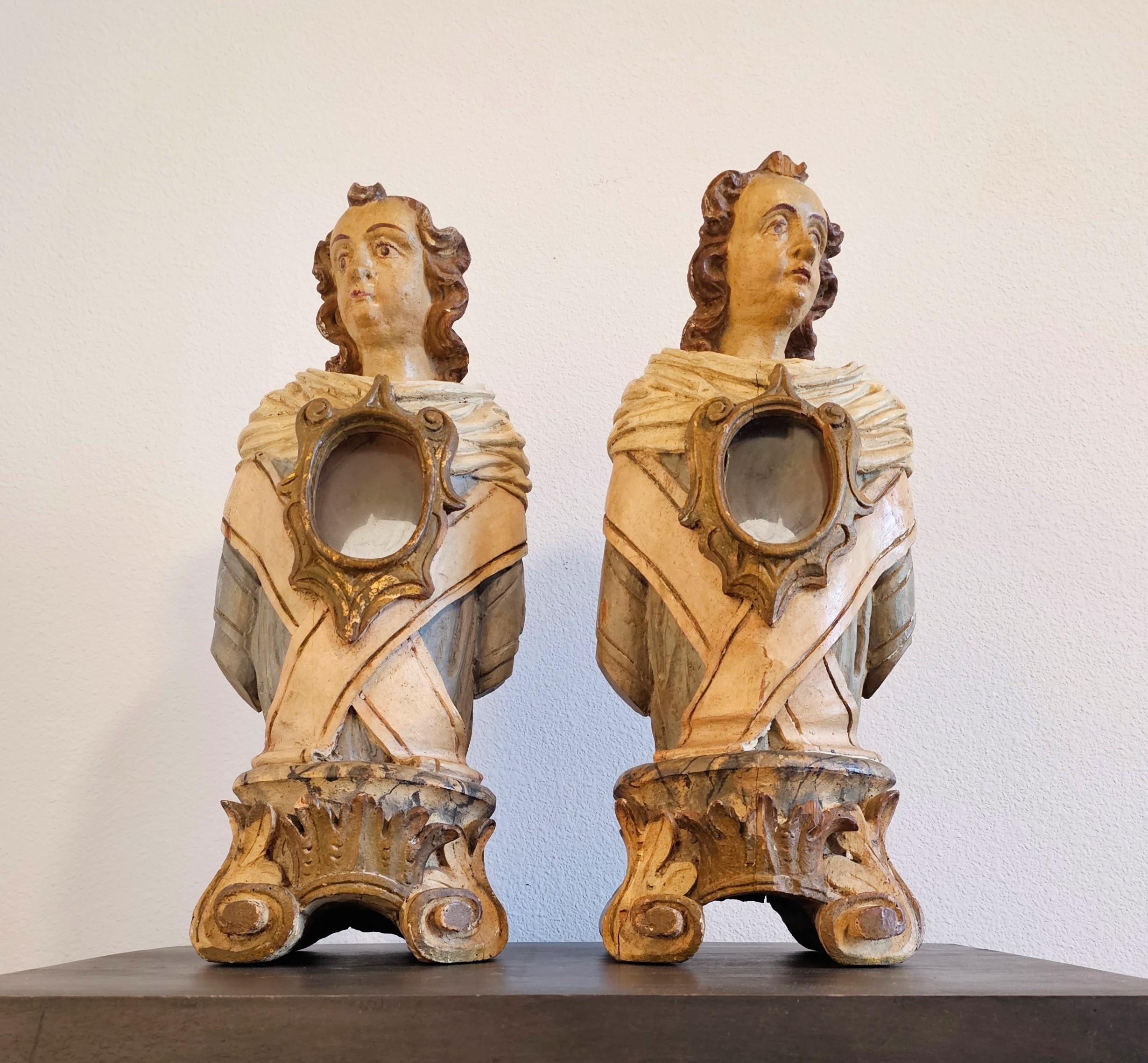Baroque 18th Century Italian Carved Painted Wood Reliquary Altar Figure Bust Pair For Sale