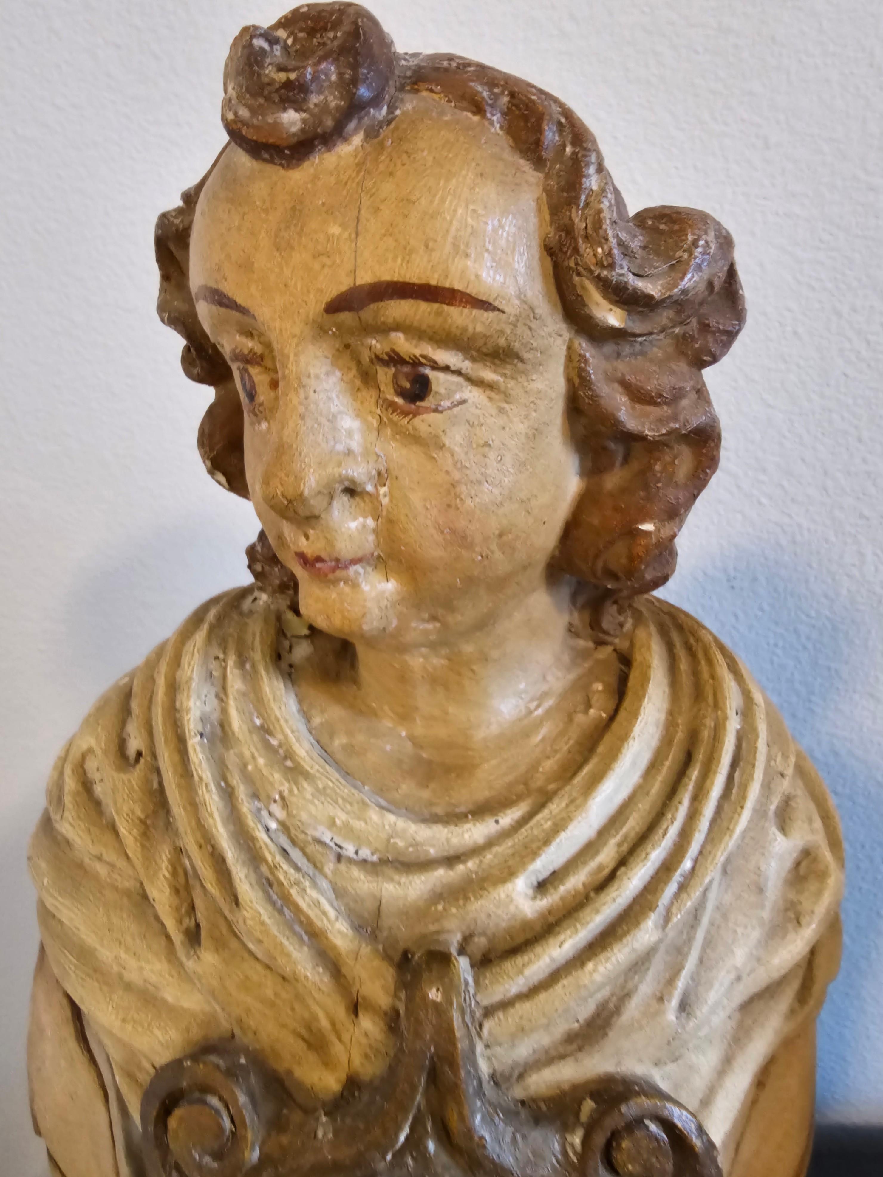 18th Century and Earlier 18th Century Italian Carved Painted Wood Reliquary Altar Figure Bust Pair For Sale