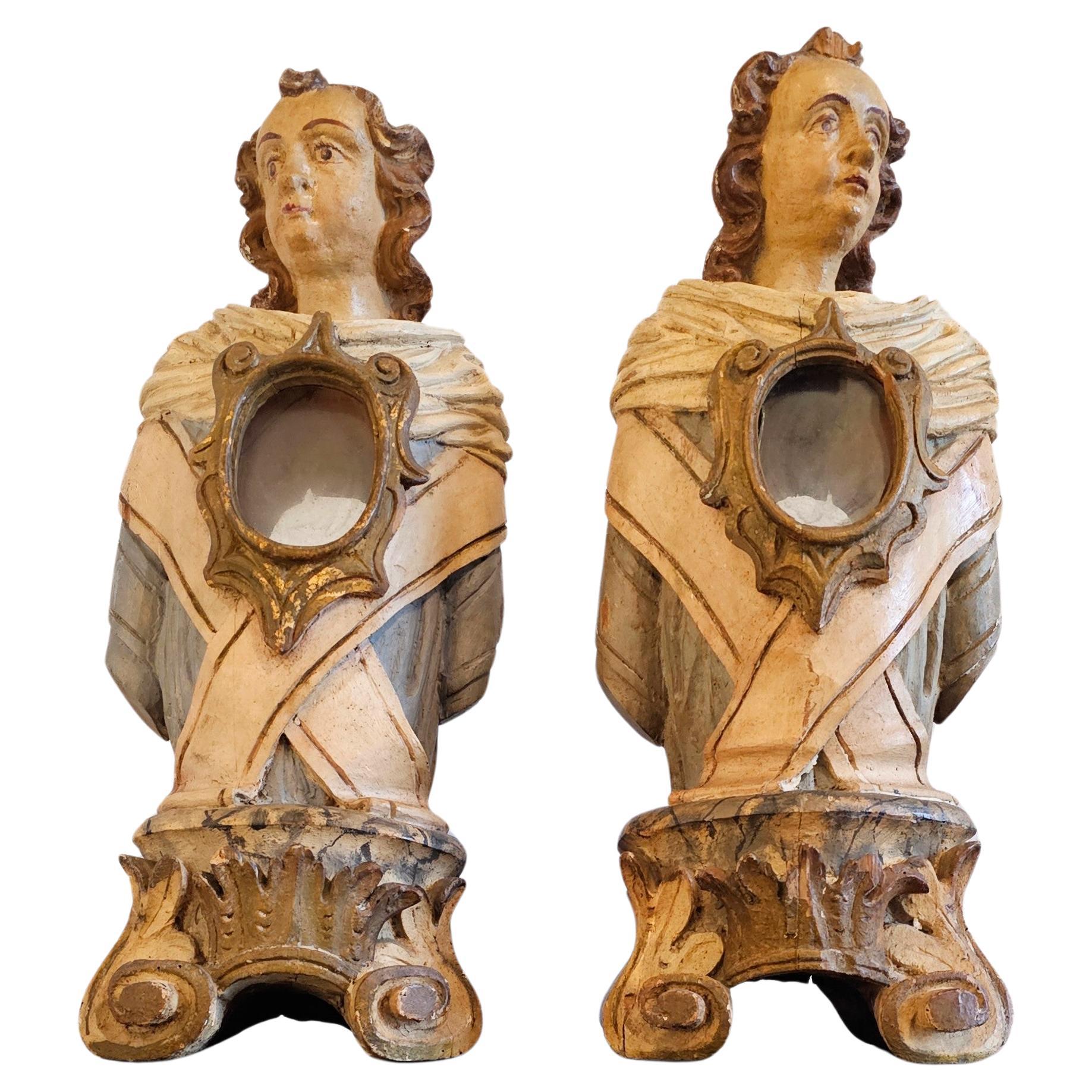 18th Century Italian Carved Painted Wood Reliquary Altar Figure Bust Pair For Sale