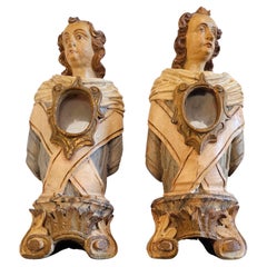 18th Century Italian Carved Painted Wood Reliquary Altar Figure Bust Pair