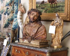 18th Century Italian Carved Paper Polychrome Mâché Christ Bust on Wooden Stand