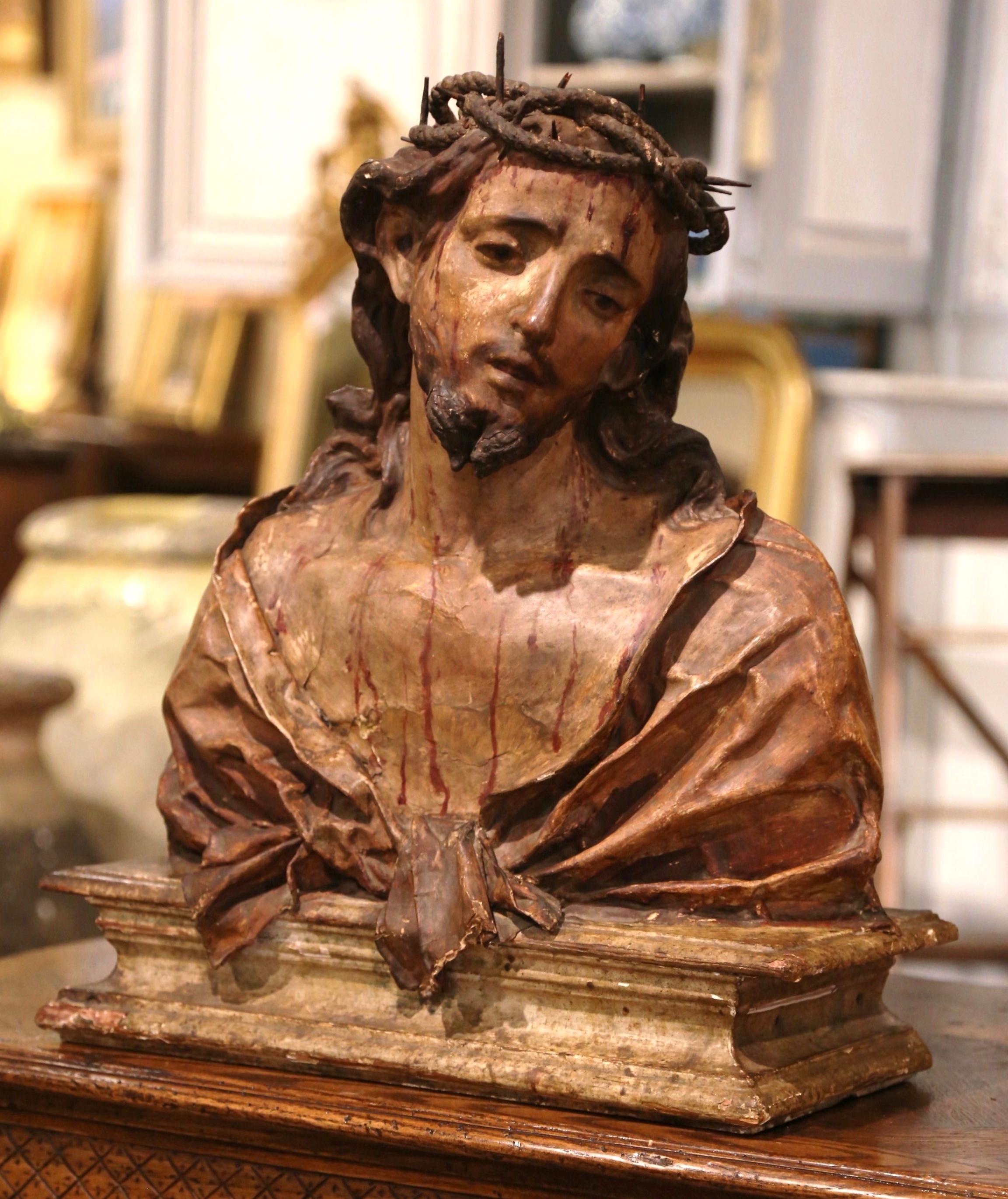 Polychromed 18th Century Italian Carved Paper Polychrome Mâché Christ Bust on Wooden Stand