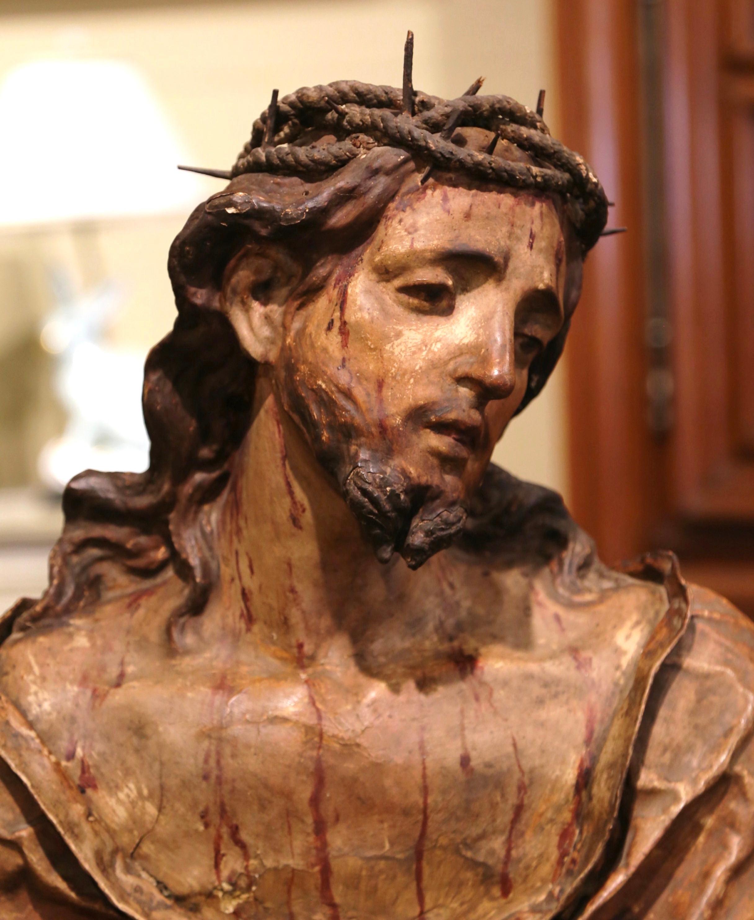 18th Century Italian Carved Paper Polychrome Mâché Christ Bust on Wooden Stand In Excellent Condition In Dallas, TX