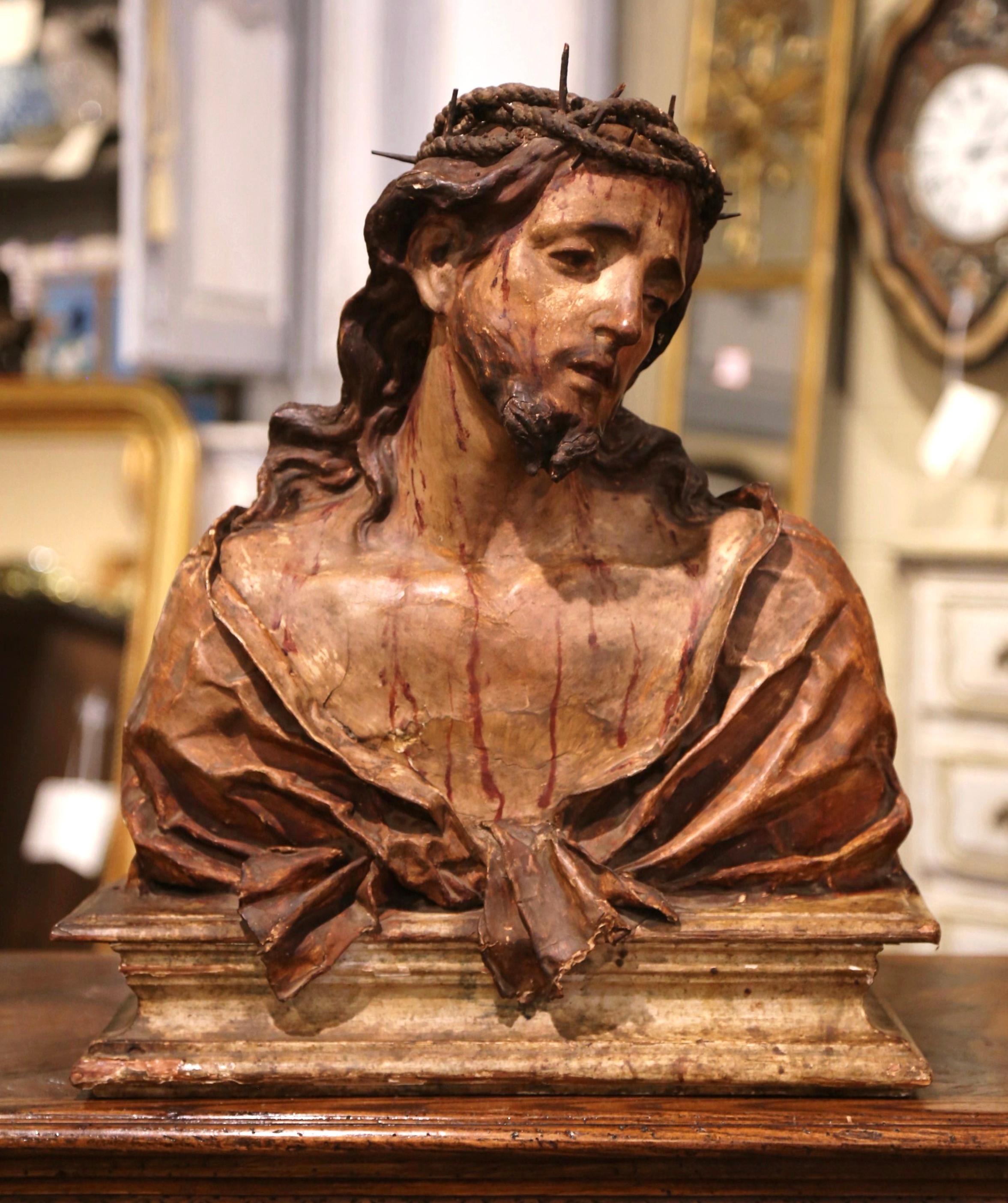18th Century Italian Carved Paper Polychrome Mâché Christ Bust on Wooden Stand 1