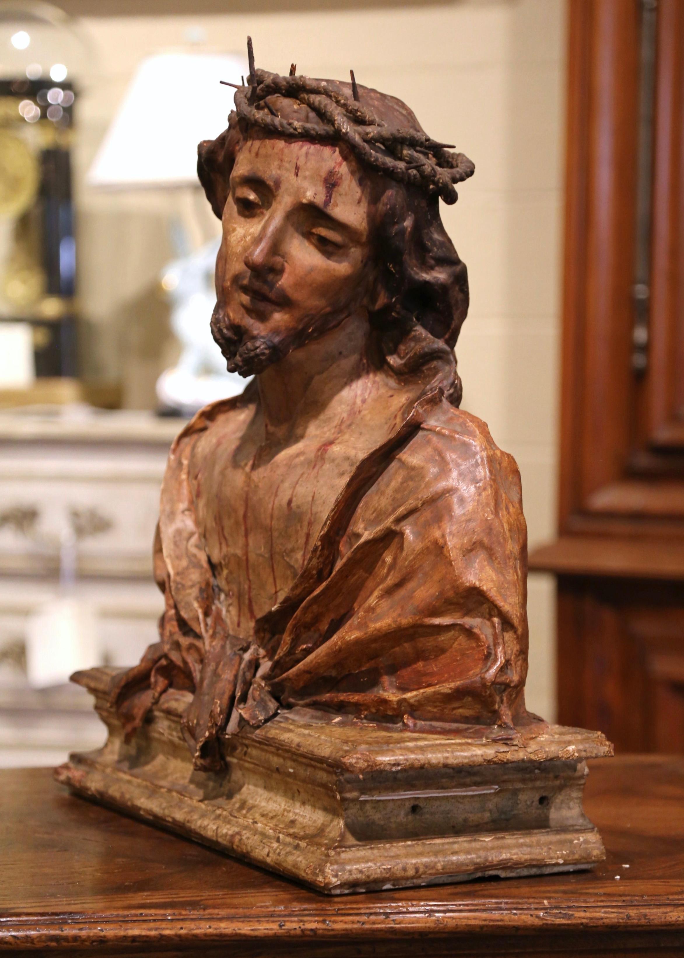 18th Century Italian Carved Paper Polychrome Mâché Christ Bust on Wooden Stand 2