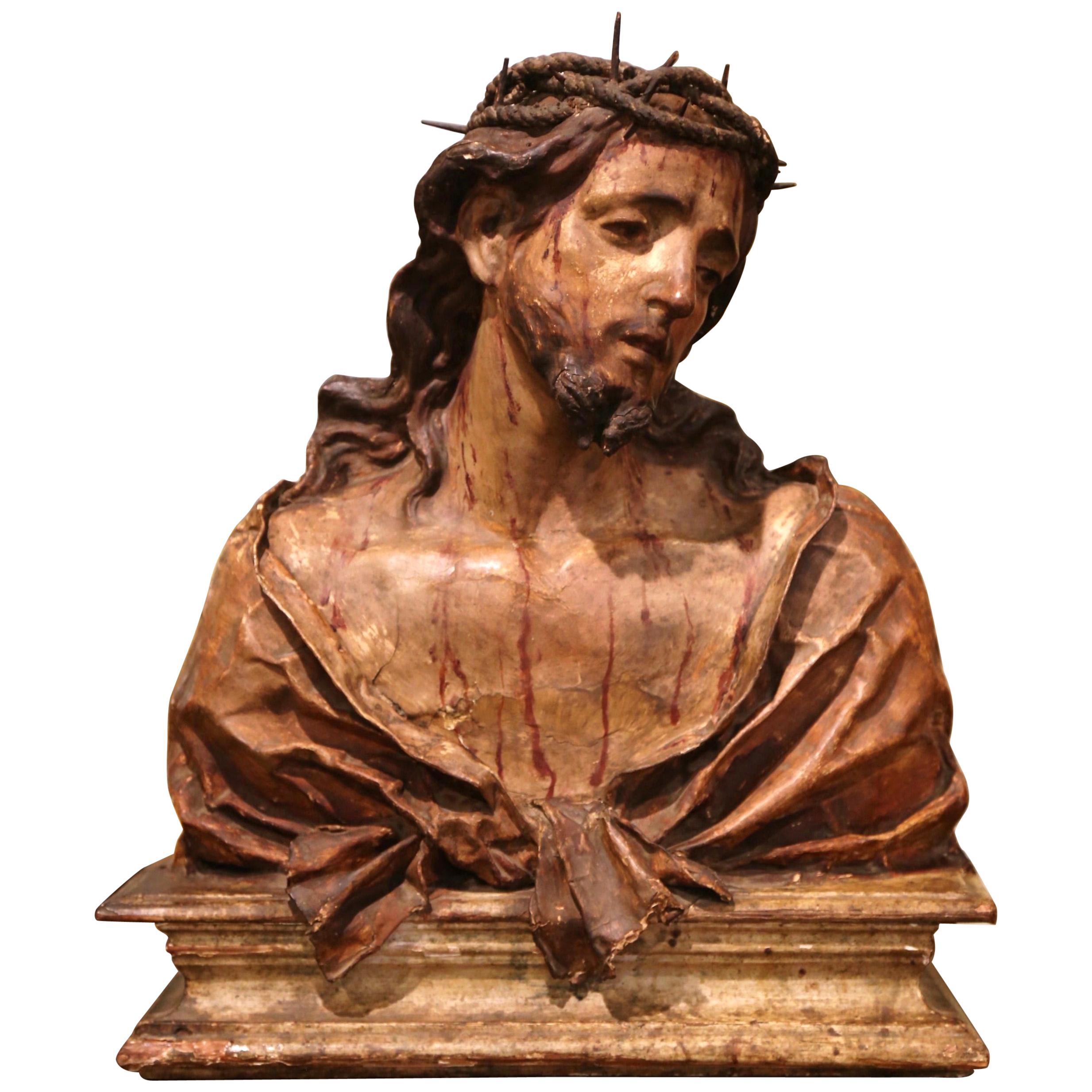 18th Century Italian Carved Paper Polychrome Mâché Christ Bust on Wooden Stand